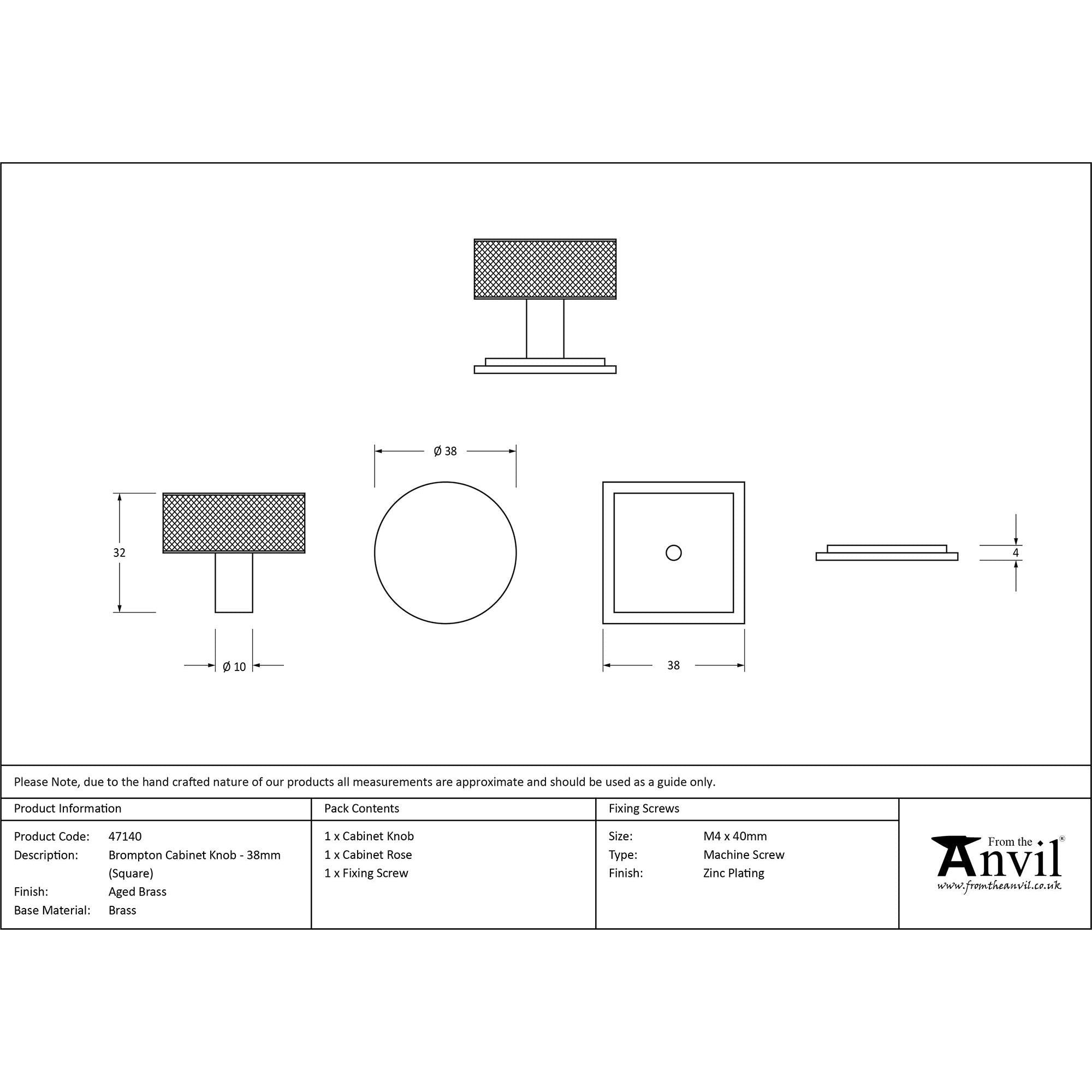 Aged Brass Brompton Cabinet Knob - 38mm (Square) | From The Anvil - Cabinet Knobs - From The Anvil - Yester Home