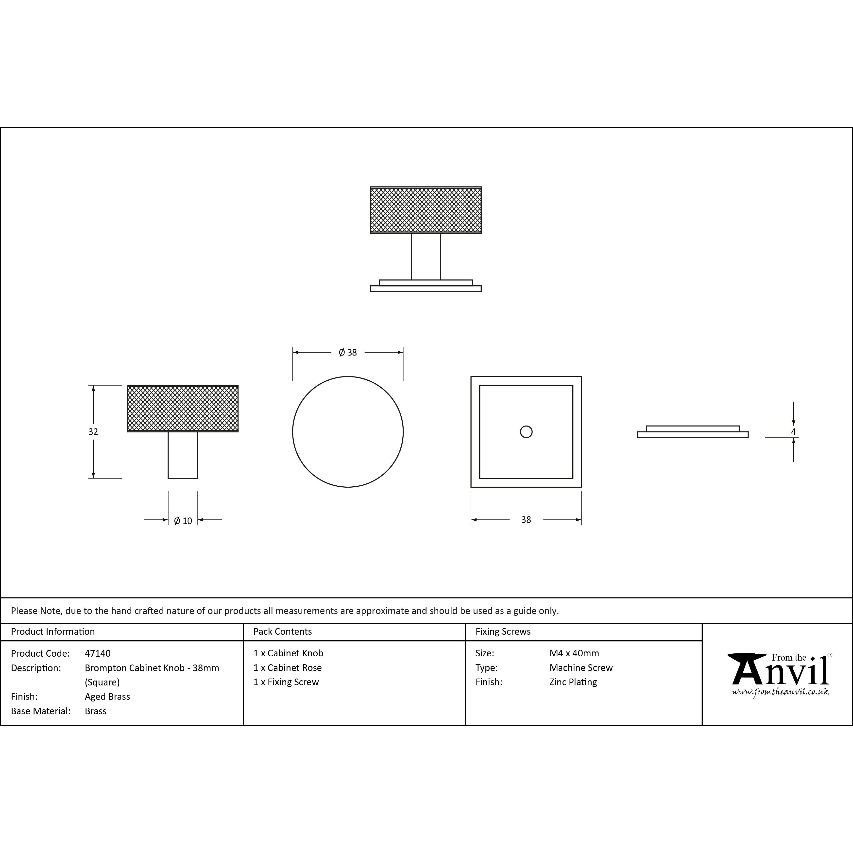 Aged Brass Brompton Cabinet Knob - 38mm (Square) | From The Anvil-Cabinet Knobs-Yester Home