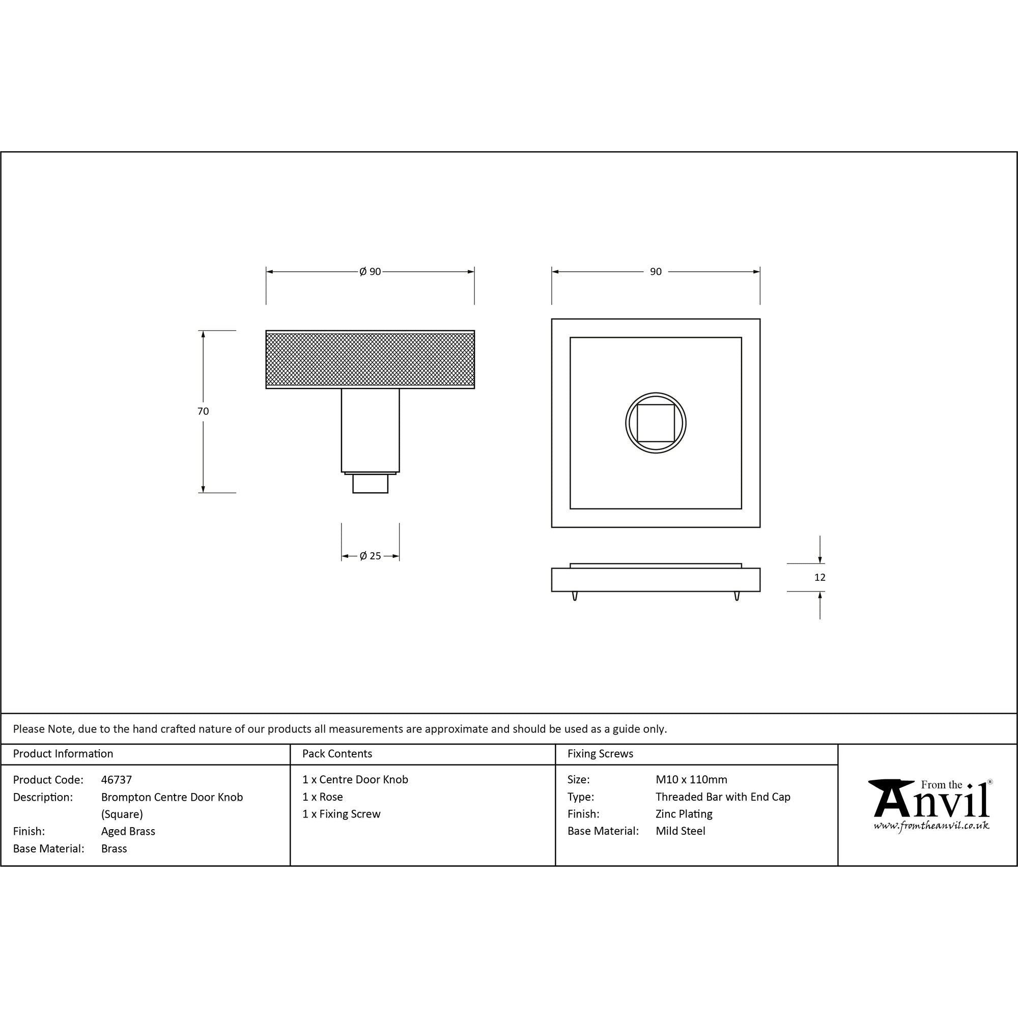Aged Brass Brompton Centre Door Knob (Square) | From The Anvil-Centre Door Knobs-Yester Home