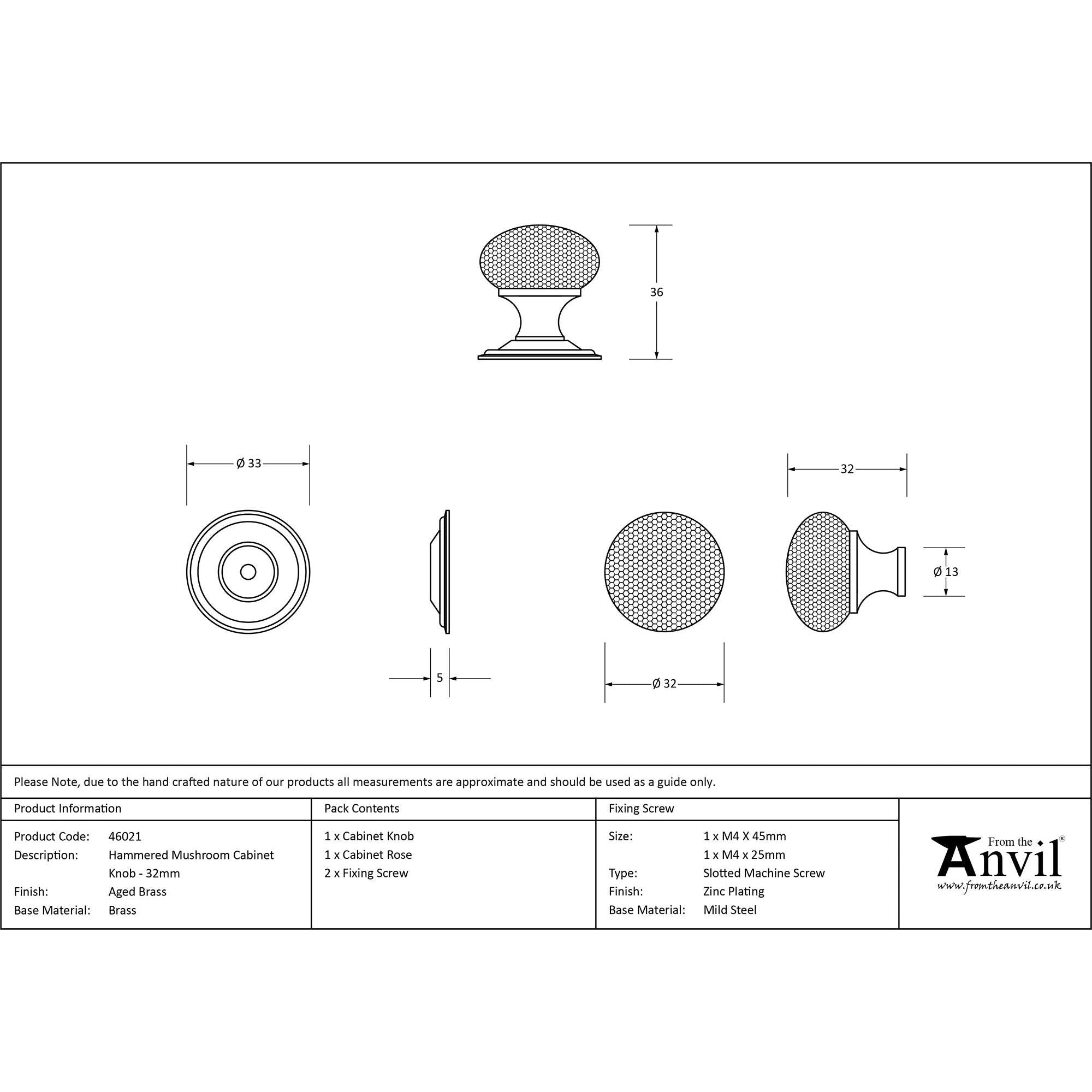 Aged Brass Hammered Mushroom Cabinet Knob 32mm | From The Anvil - Cabinet Knobs - From The Anvil - Yester Home