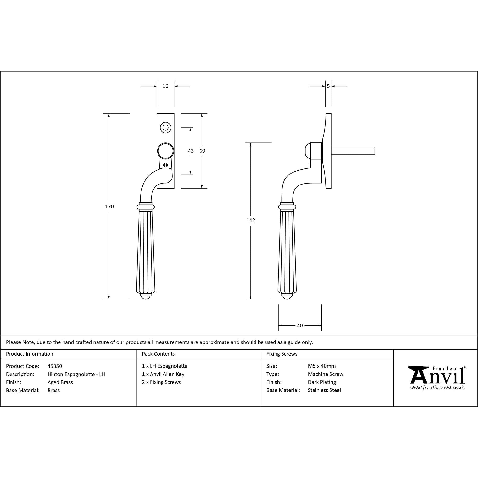 Aged Brass Hinton Espag - LH | From The Anvil - Espag. Fasteners - From The Anvil - Yester Home