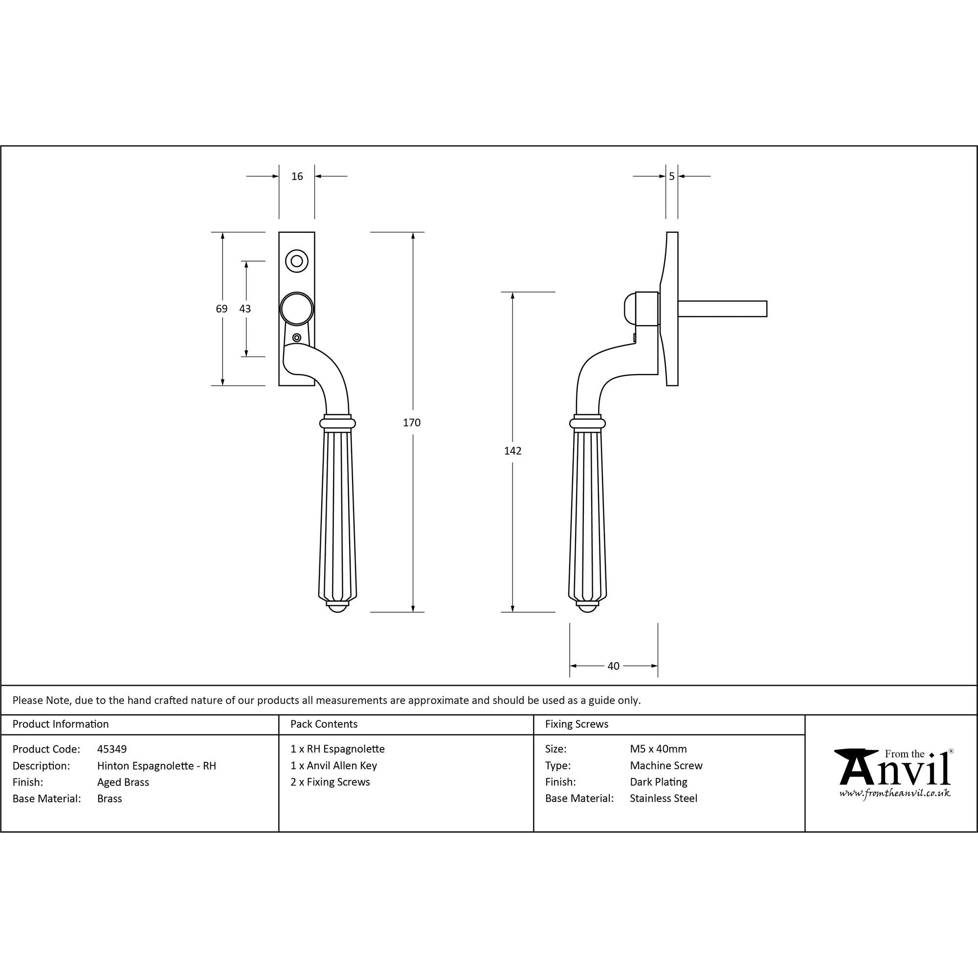 Aged Brass Hinton Espag - RH | From The Anvil - Espag. Fasteners - From The Anvil - Yester Home