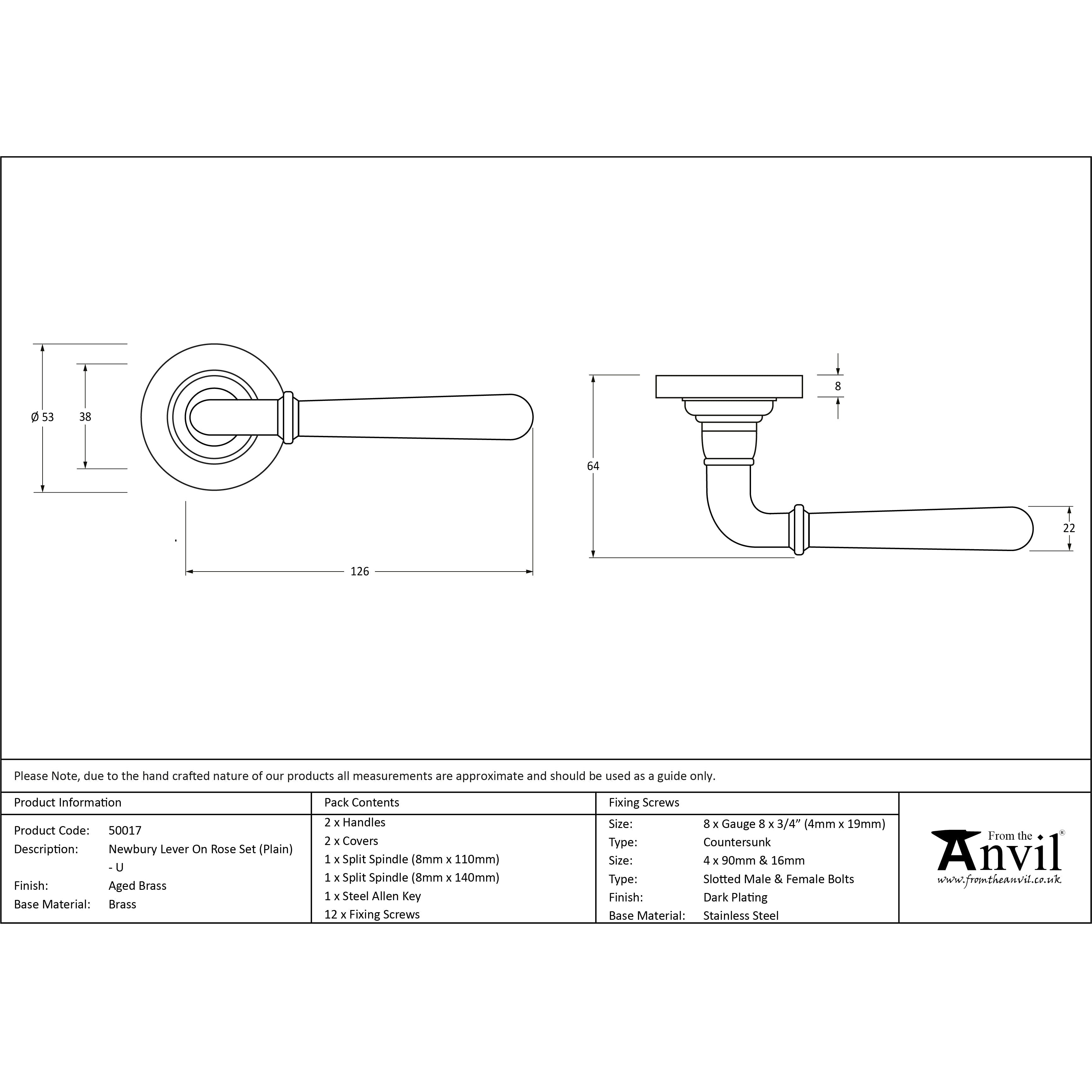 Aged Brass Newbury Lever on Rose Set (Plain) - Unsprung | From The Anvil-Concealed-Yester Home