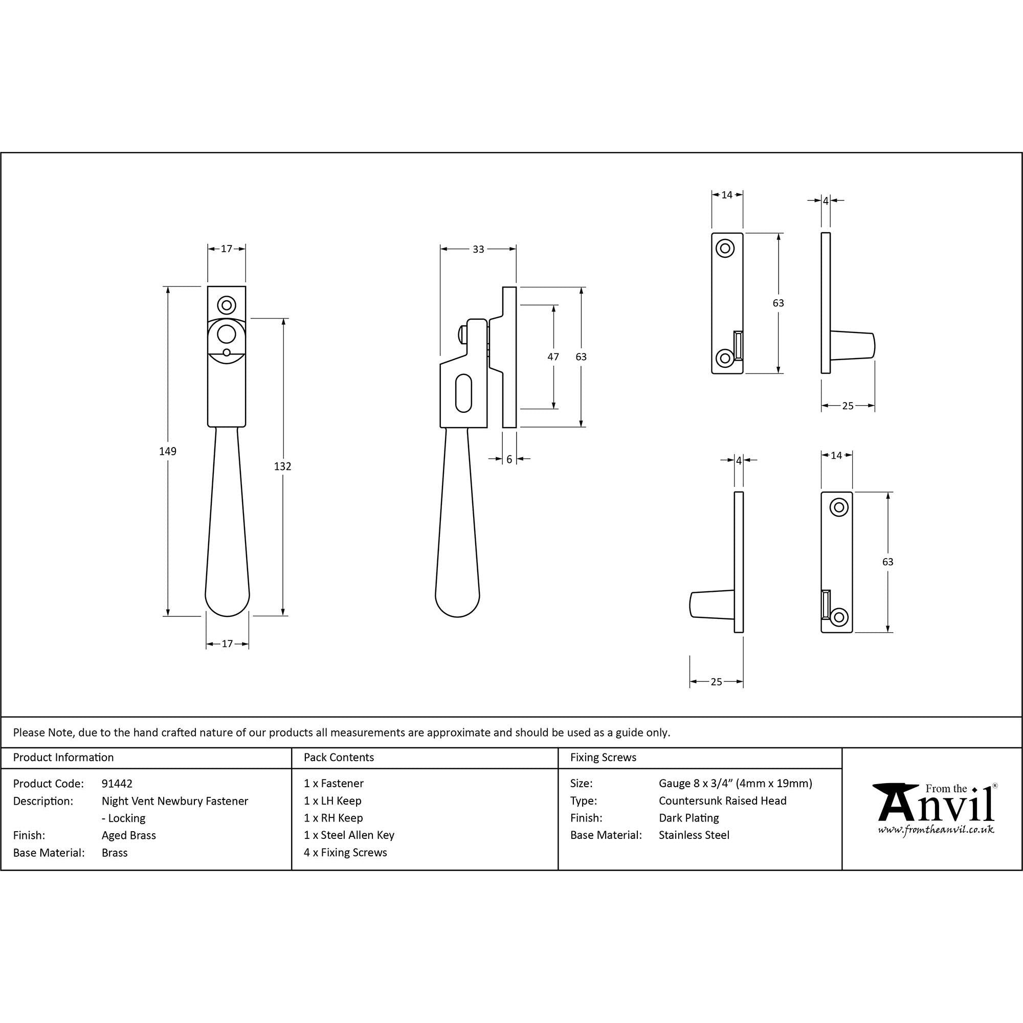 Aged Brass Night-Vent Locking Newbury Fastener | From The Anvil - Night-Vent Fasteners - From The Anvil - Yester Home