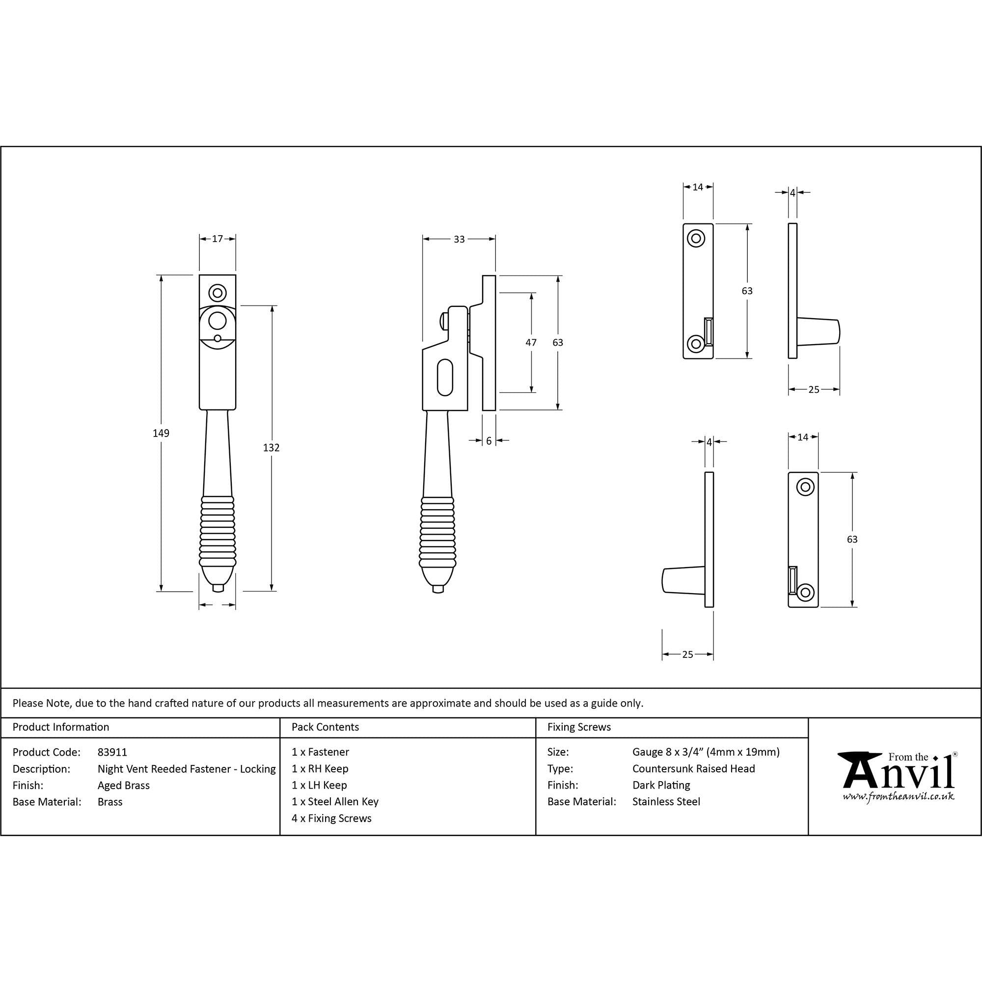 Aged Brass Night-Vent Locking Reeded Fastener | From The Anvil - Night-Vent Fasteners - From The Anvil - Yester Home