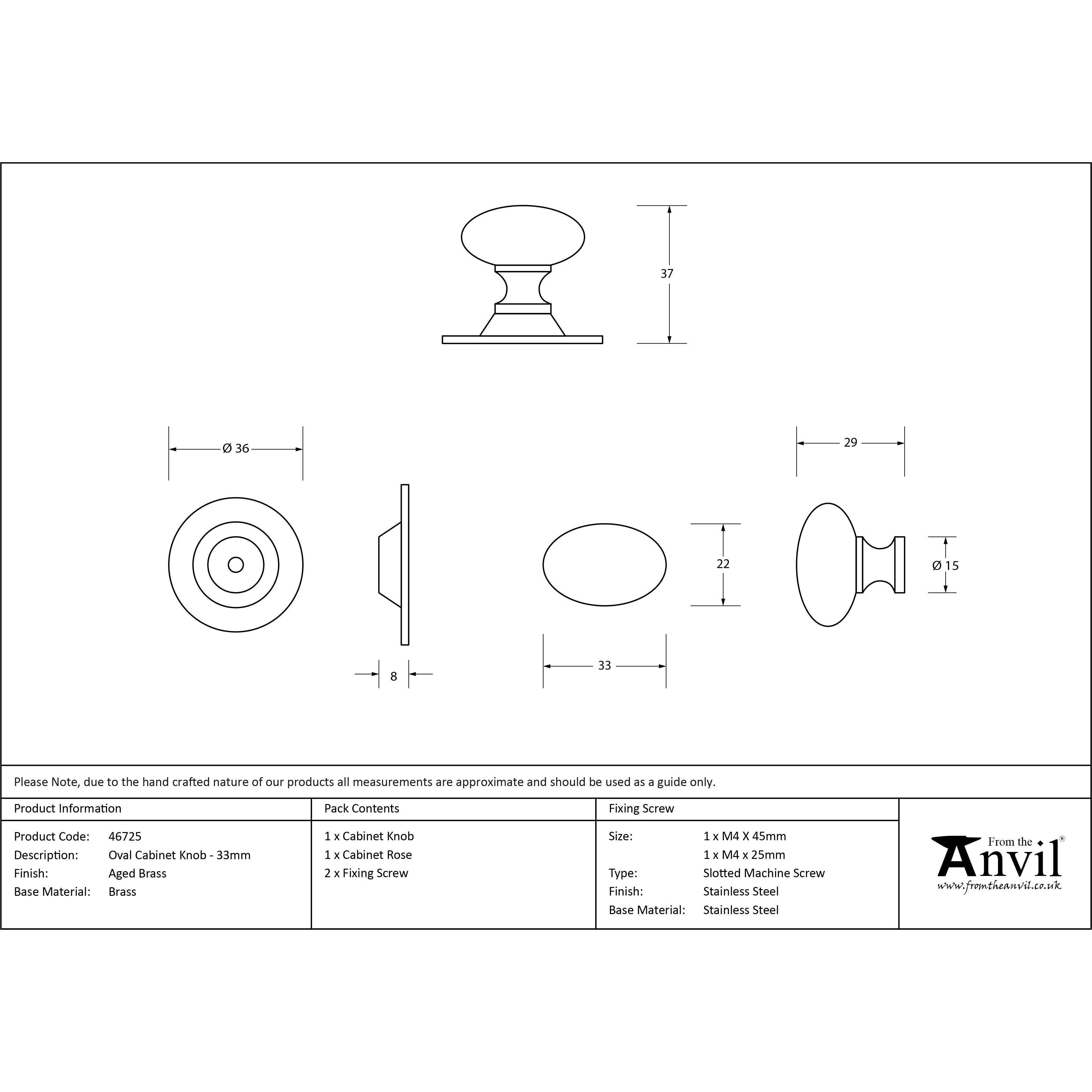 Aged Brass Oval Cabinet Knob 33mm | From The Anvil-Cabinet Knobs-Yester Home