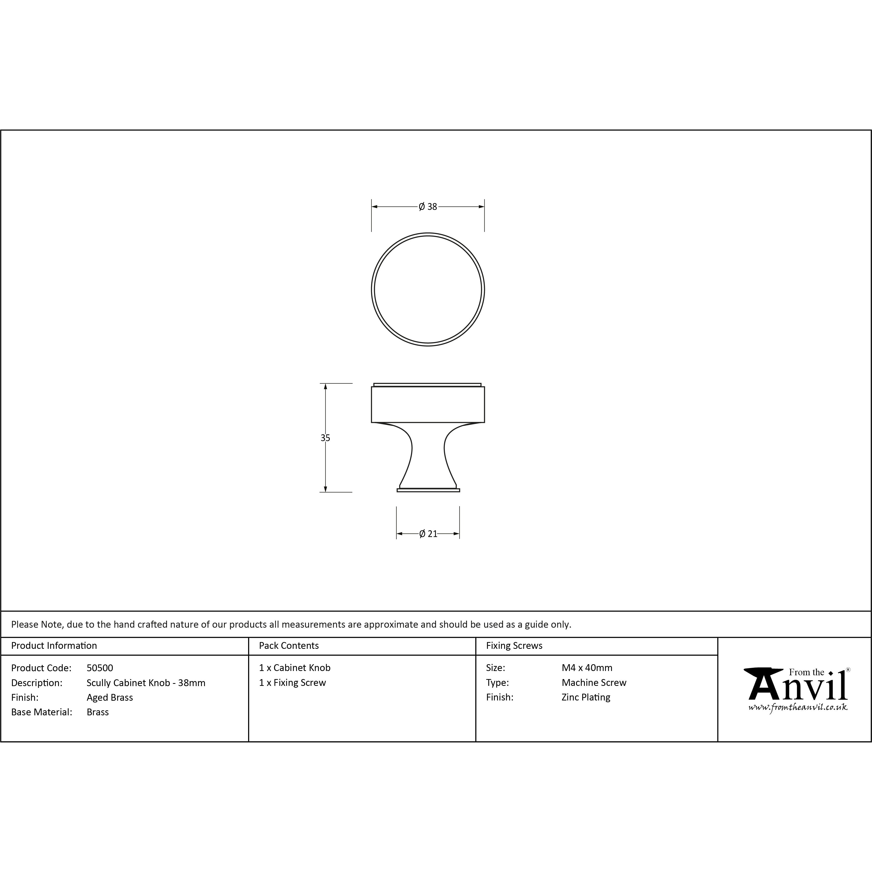 Aged Brass Scully Cabinet Knob - 38mm | From The Anvil-Cabinet Knobs-Yester Home