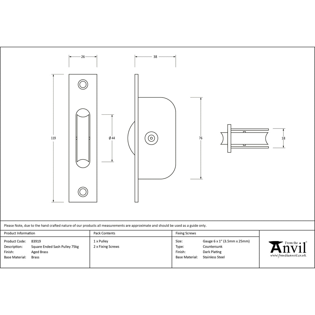 Aged Brass Square Ended Sash Pulley 75kg | From The Anvil-Sash Pulleys-Yester Home