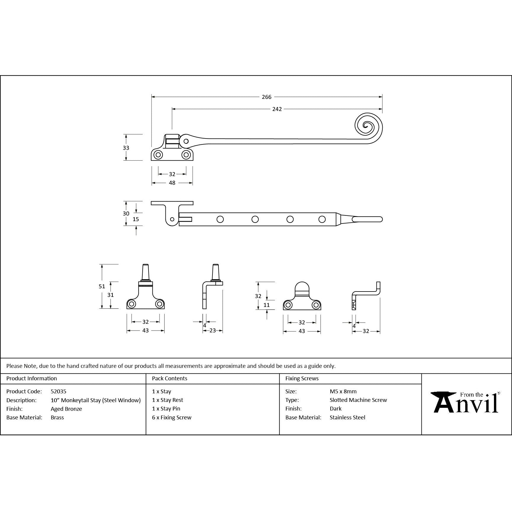 Aged Bronze 10" Monkeytail Stay (Steel Window) - Stays - From The Anvil - Yester Home