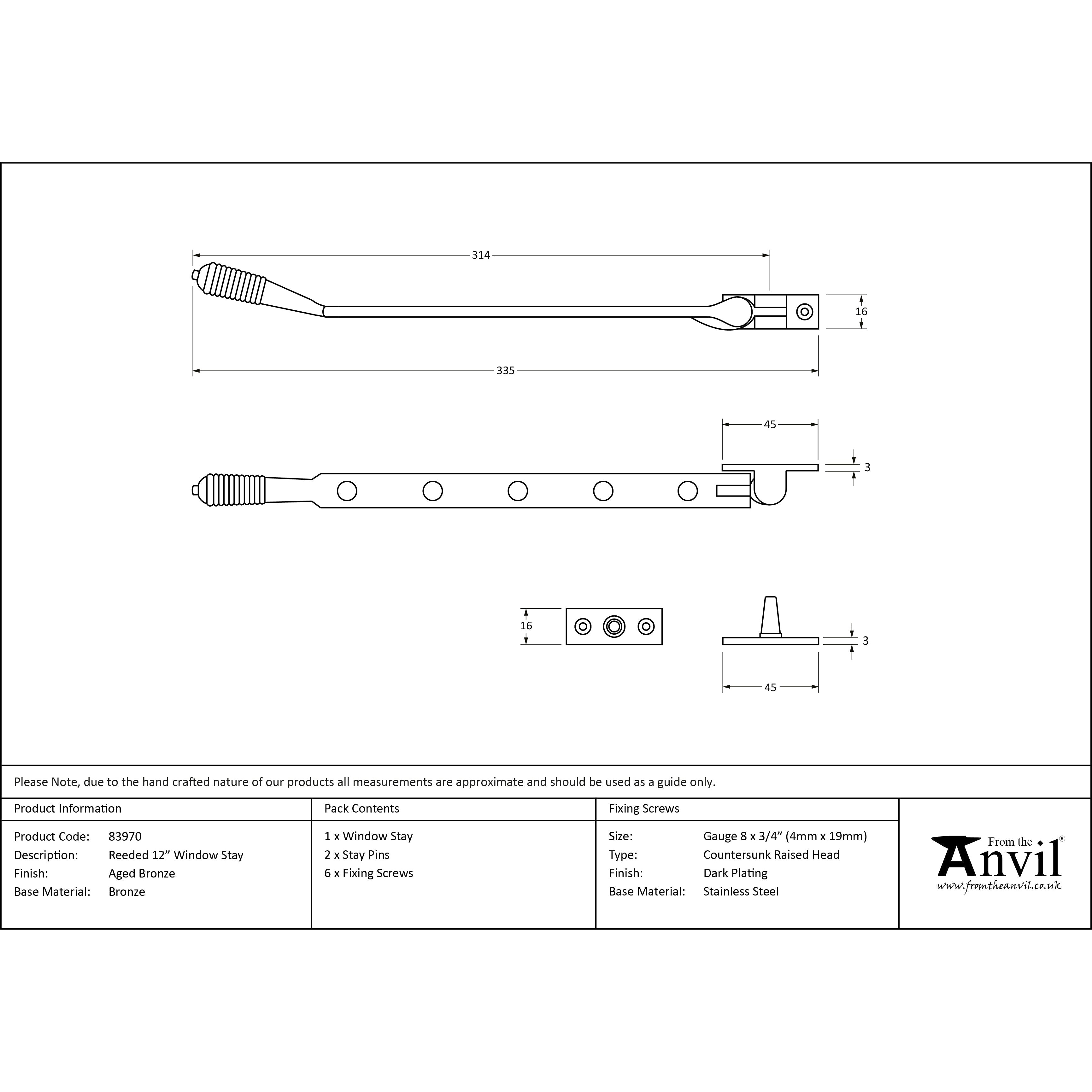 Aged Bronze 12" Reeded Stay | From The Anvil-Stays-Yester Home