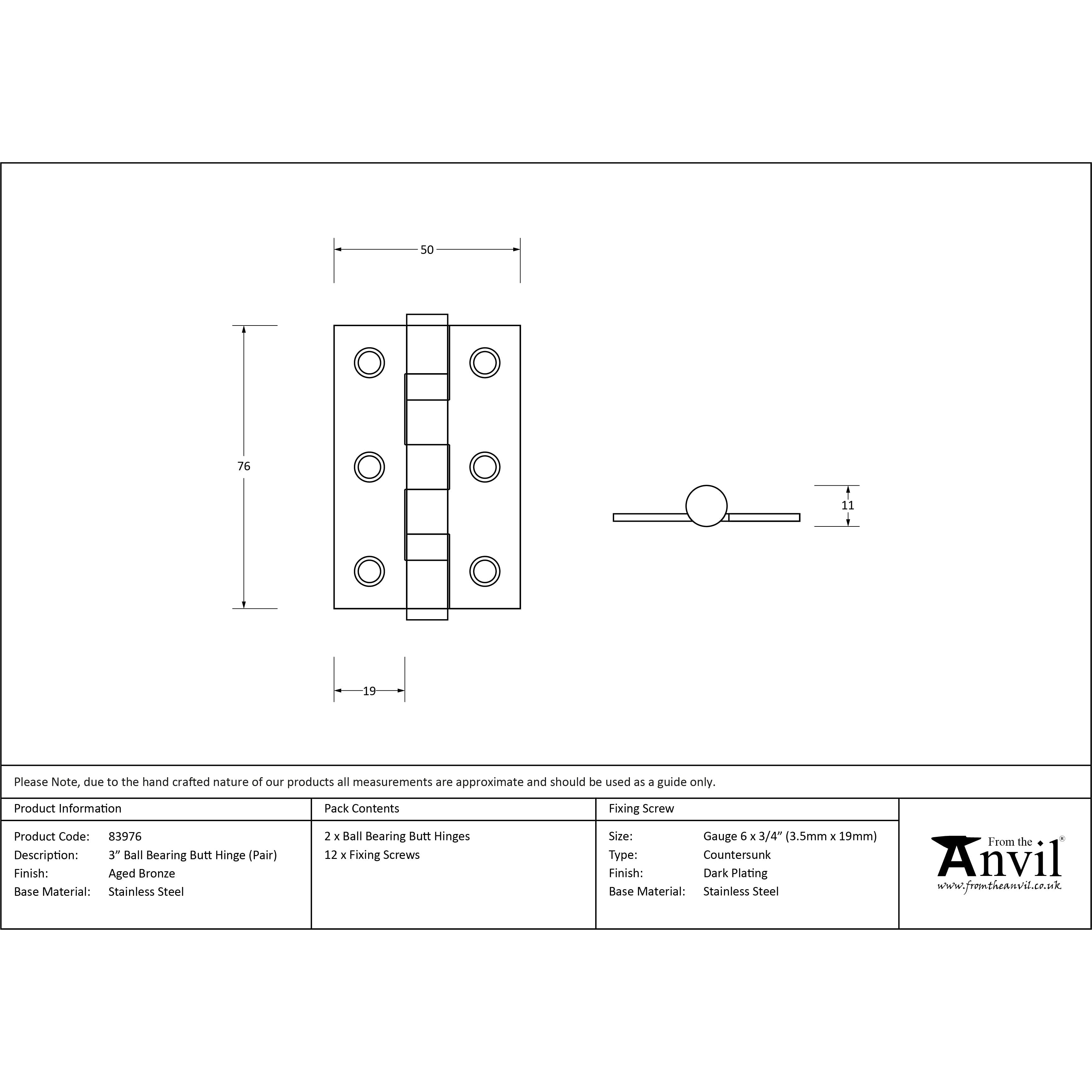 Aged Bronze 3" Ball Bearing Butt Hinge (pair) ss | From The Anvil-Butt Hinges-Yester Home