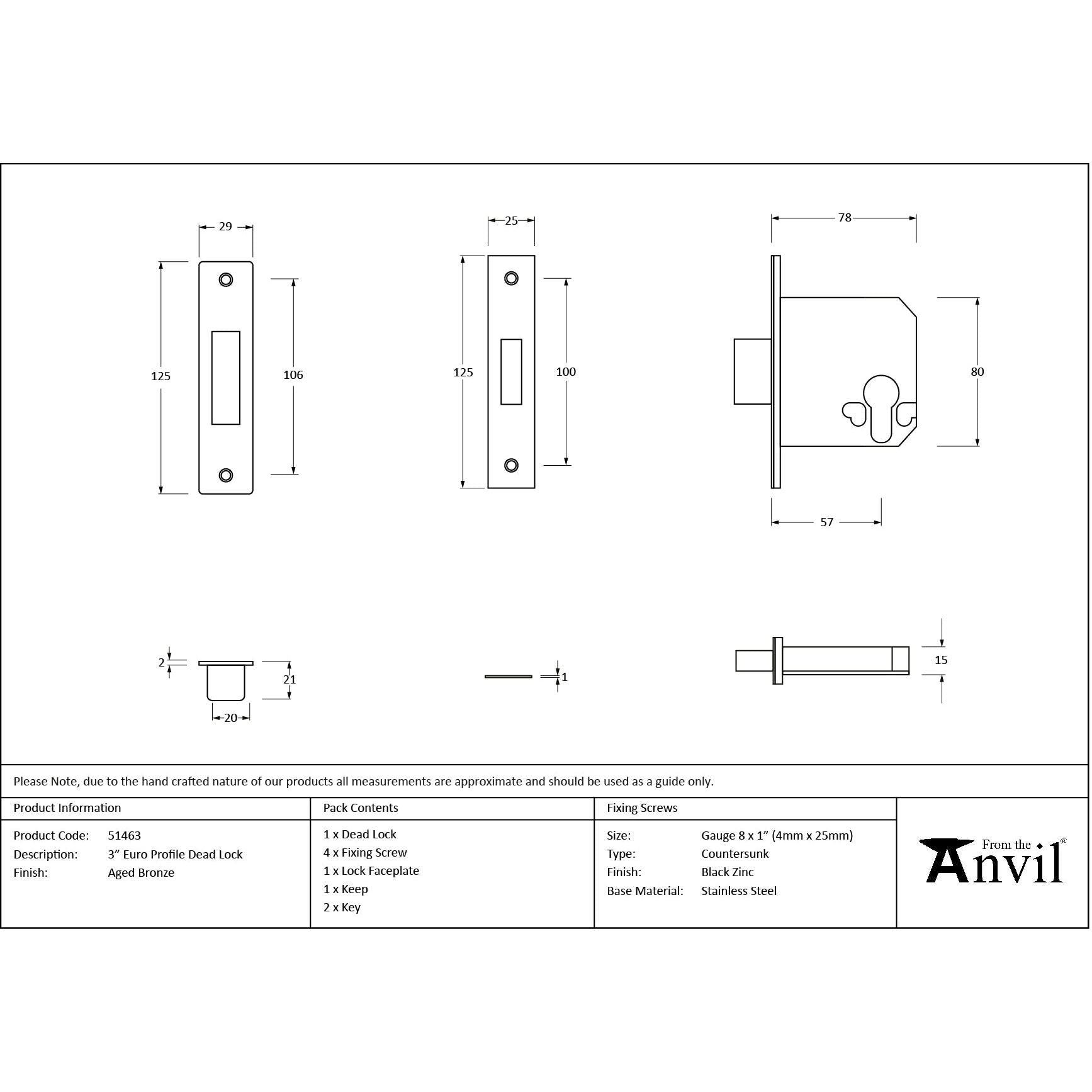 Aged Bronze 3" Euro Profile Dead Lock - Deadlocks & Deadbolts - From The Anvil - Yester Home