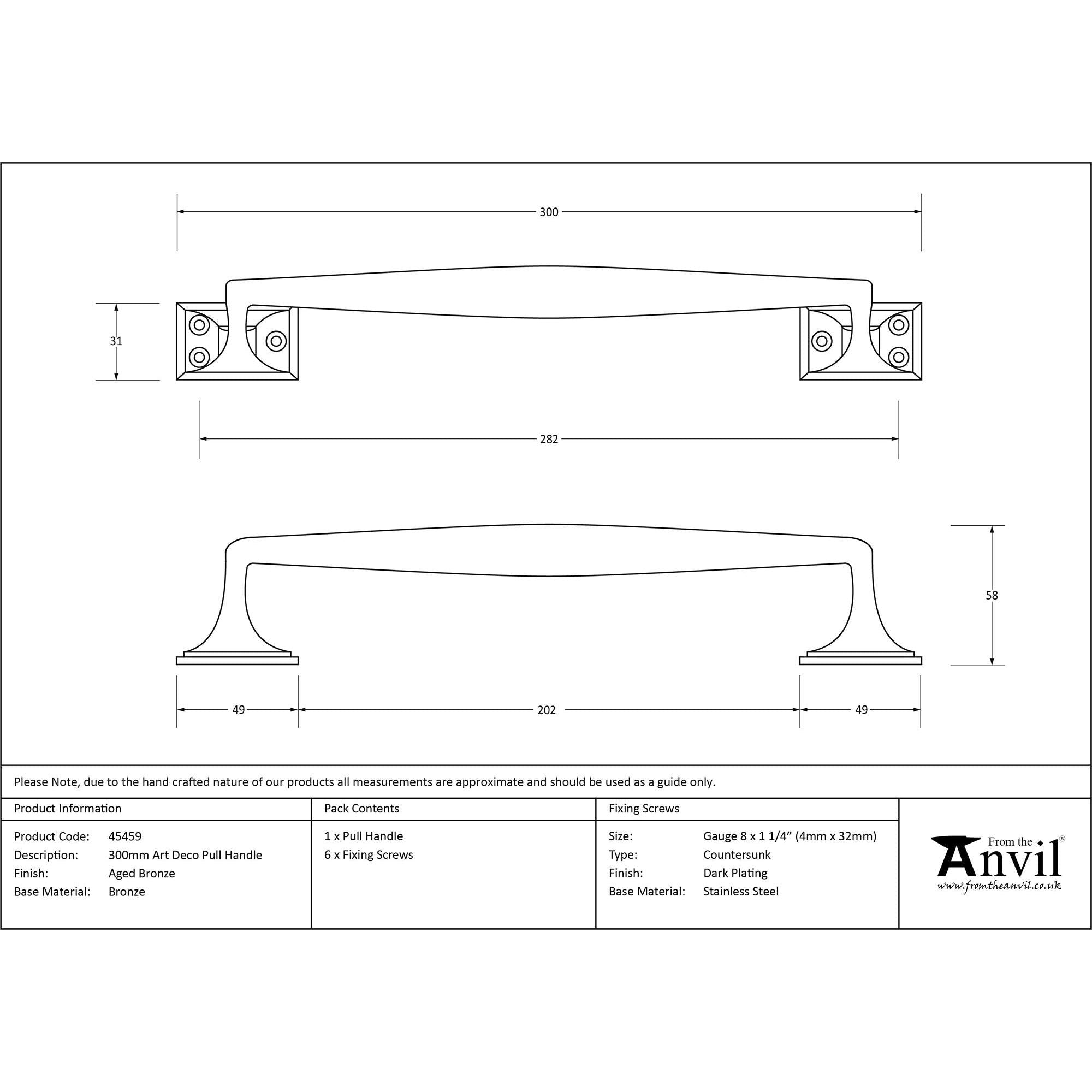 Aged Bronze 300mm Art Deco Pull Handle | From The Anvil - Pull Handles - From The Anvil - Yester Home