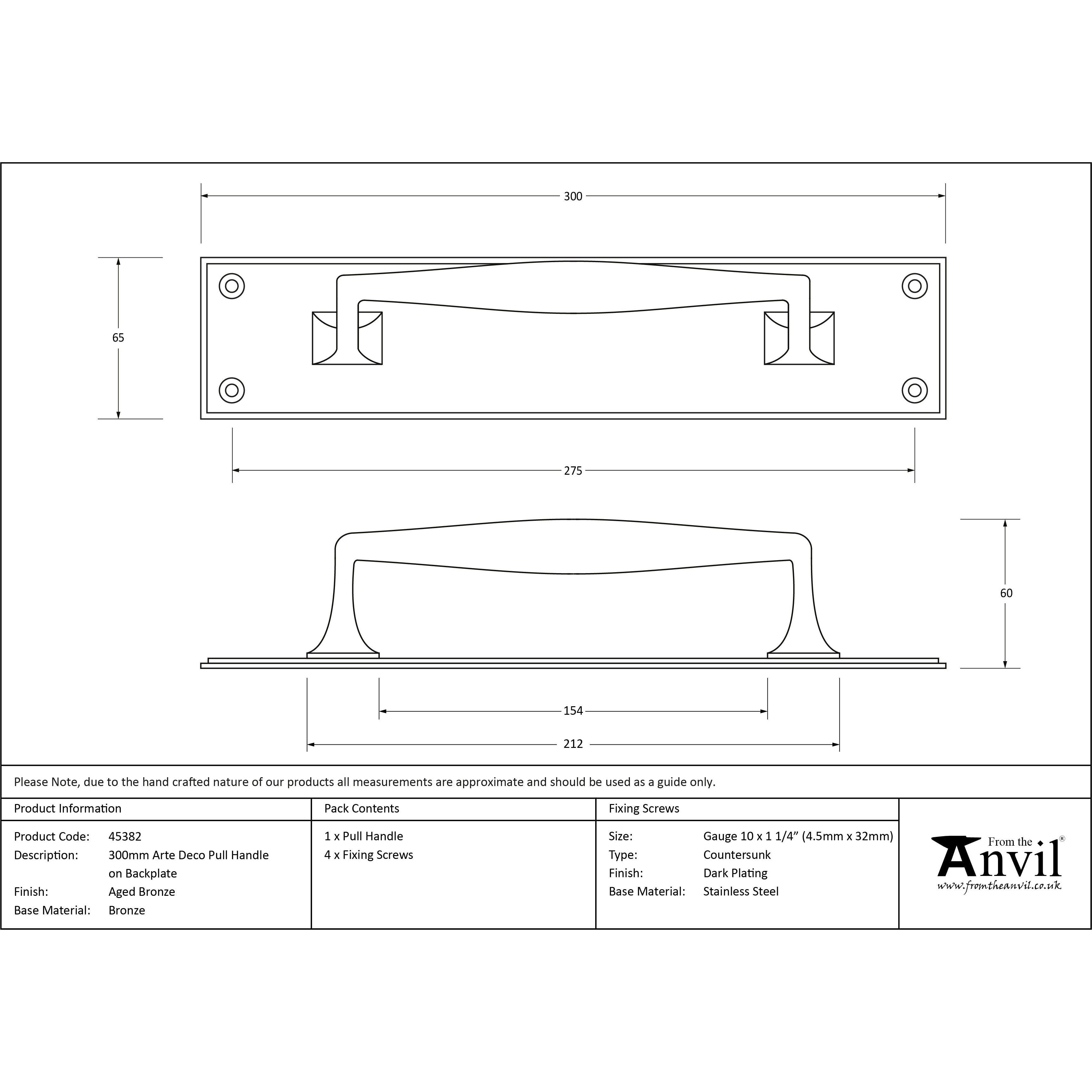 Aged Bronze 300mm Art Deco Pull Handle on Backplate | From The Anvil-On Backplate-Yester Home