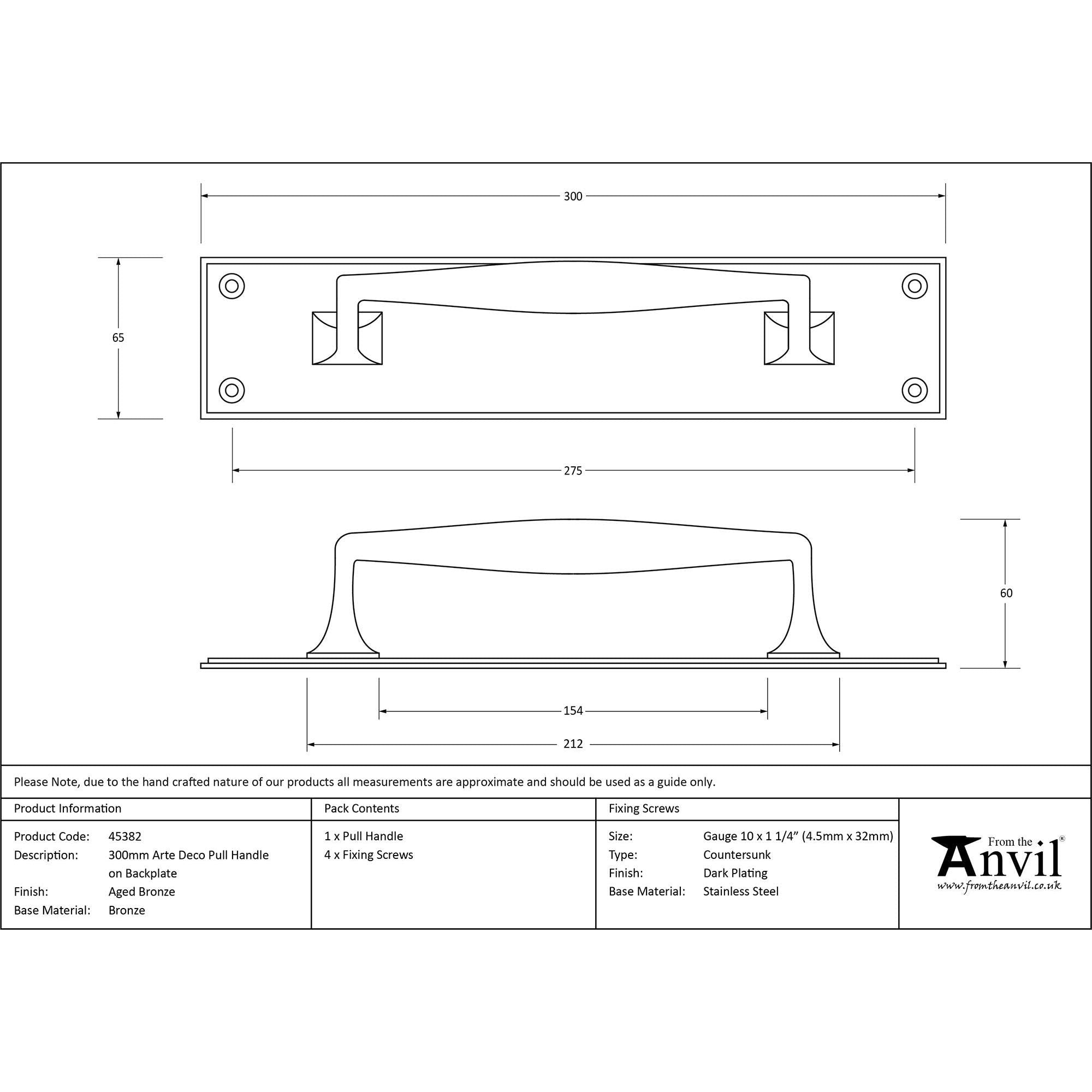 Aged Bronze 300mm Art Deco Pull Handle on Backplate | From The Anvil - On Backplate - From The Anvil - Yester Home