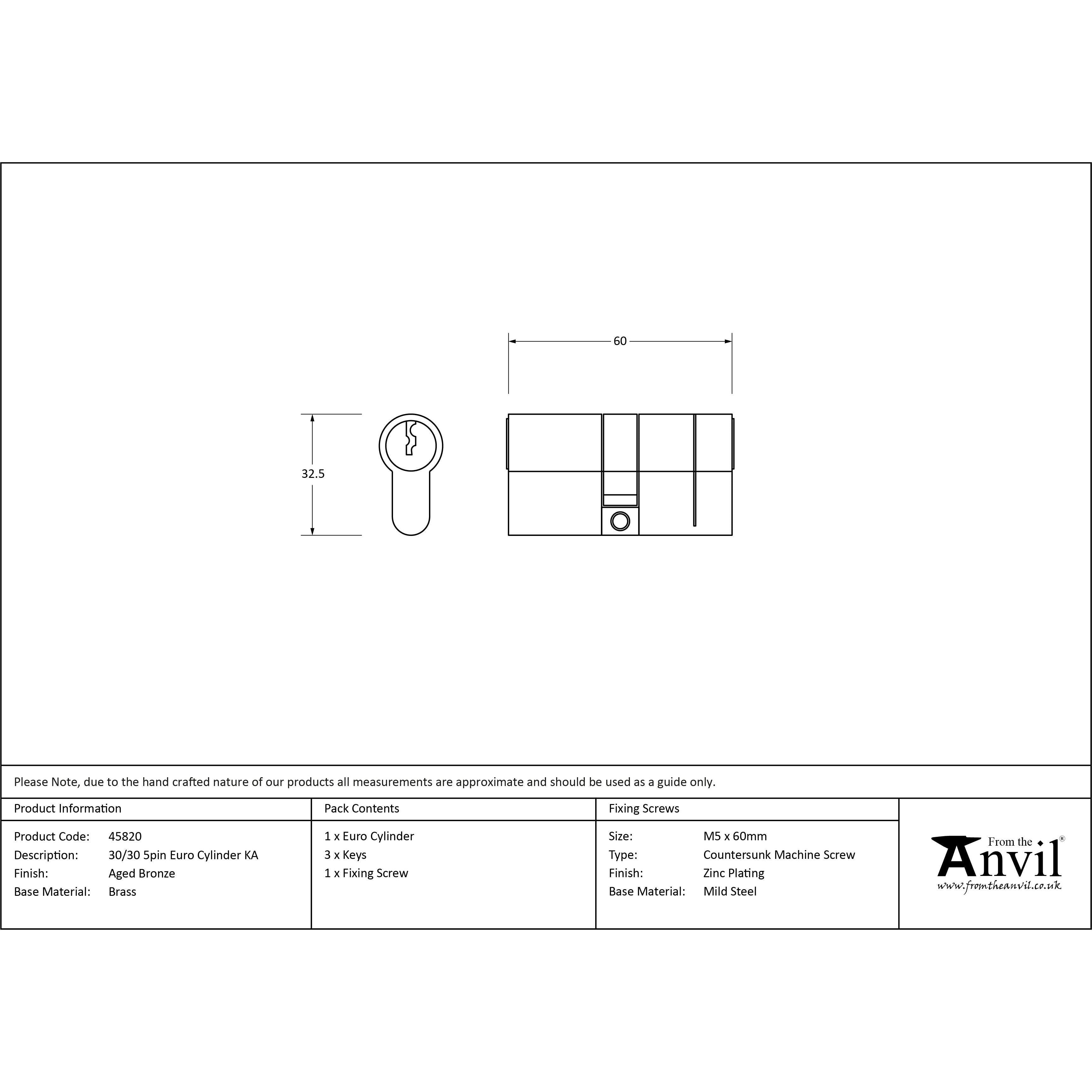 Aged Bronze 30/30 5pin Euro Cylinder KA | From The Anvil - Euro Cylinders - From The Anvil - Yester Home