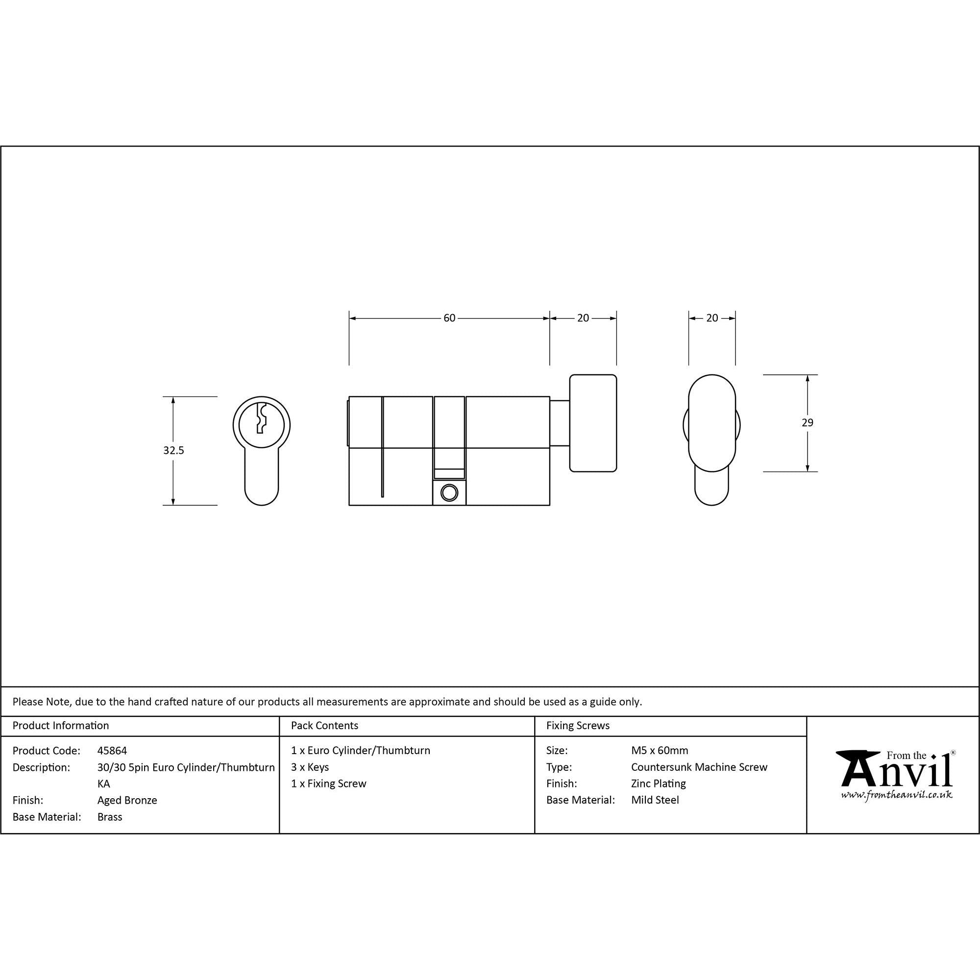 Aged Bronze 30/30 5pin Euro Cylinder/Thumbturn KA | From The Anvil - Euro Cylinders - From The Anvil - Yester Home