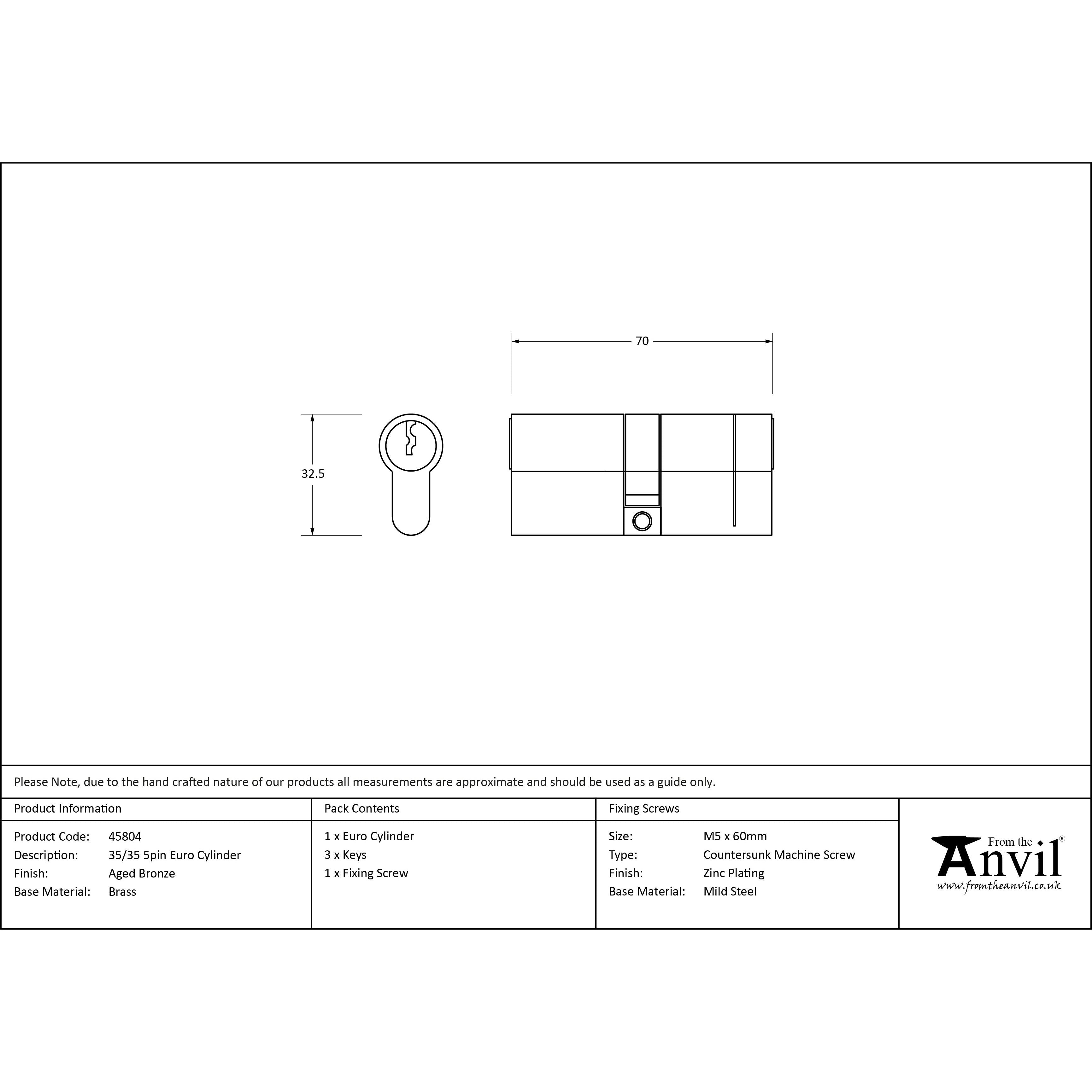 Aged Bronze 35/35 5pin Euro Cylinder | From The Anvil - Euro Cylinders - From The Anvil - Yester Home