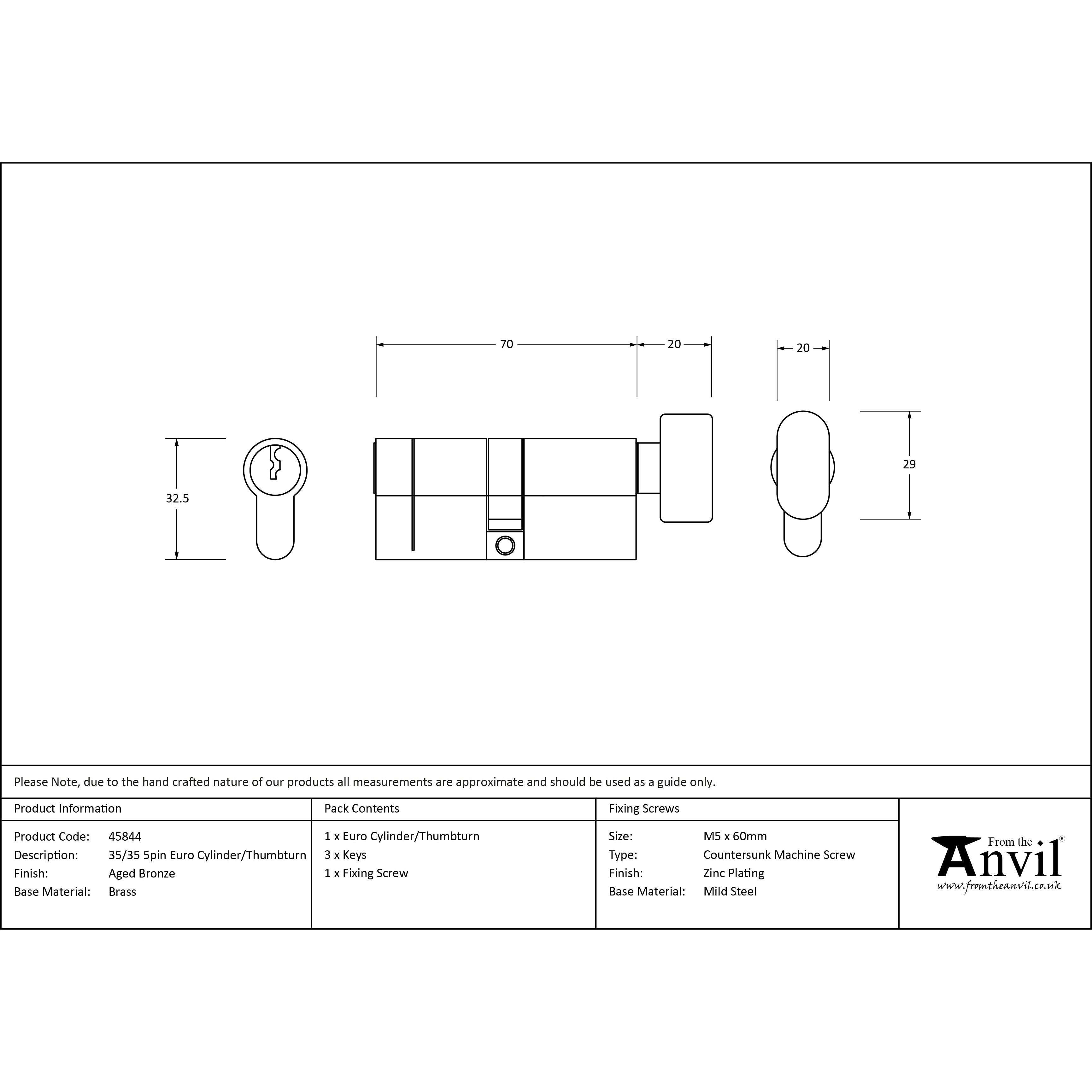 Aged Bronze 35/35 5pin Euro Cylinder/Thumbturn | From The Anvil-Euro Cylinders-Yester Home
