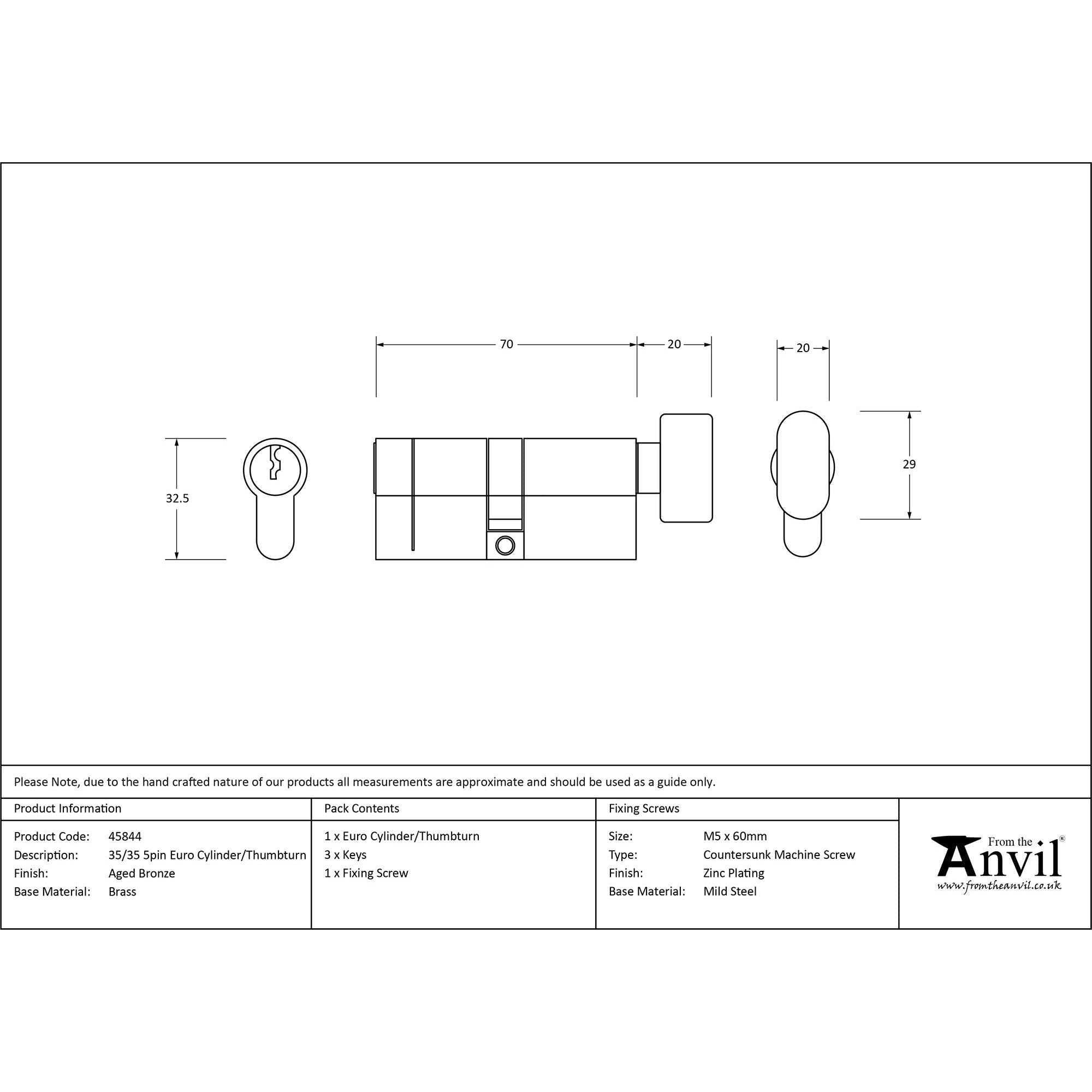 Aged Bronze 35/35 5pin Euro Cylinder/Thumbturn | From The Anvil - Euro Cylinders - From The Anvil - Yester Home