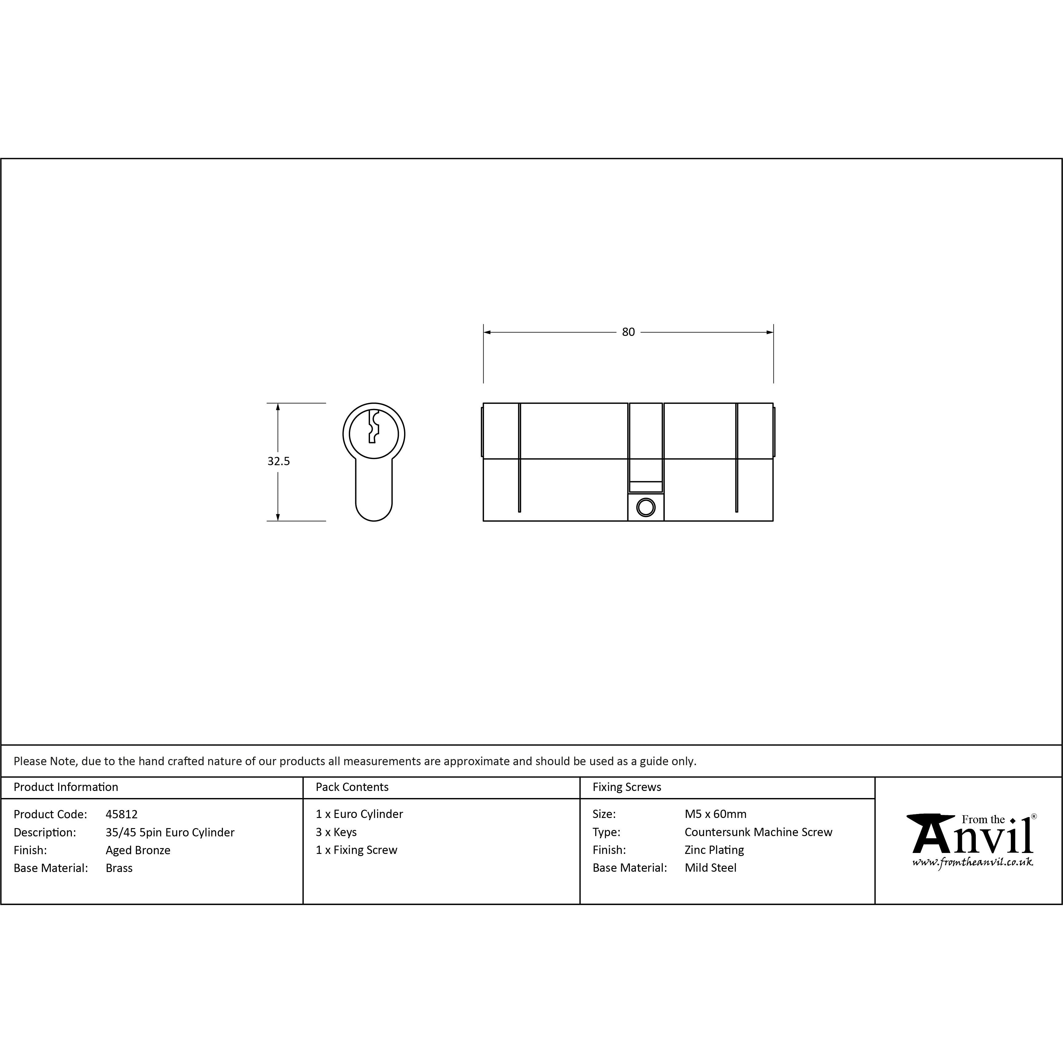 Aged Bronze 35/45 5pin Euro Cylinder | From The Anvil - Euro Cylinders - From The Anvil - Yester Home