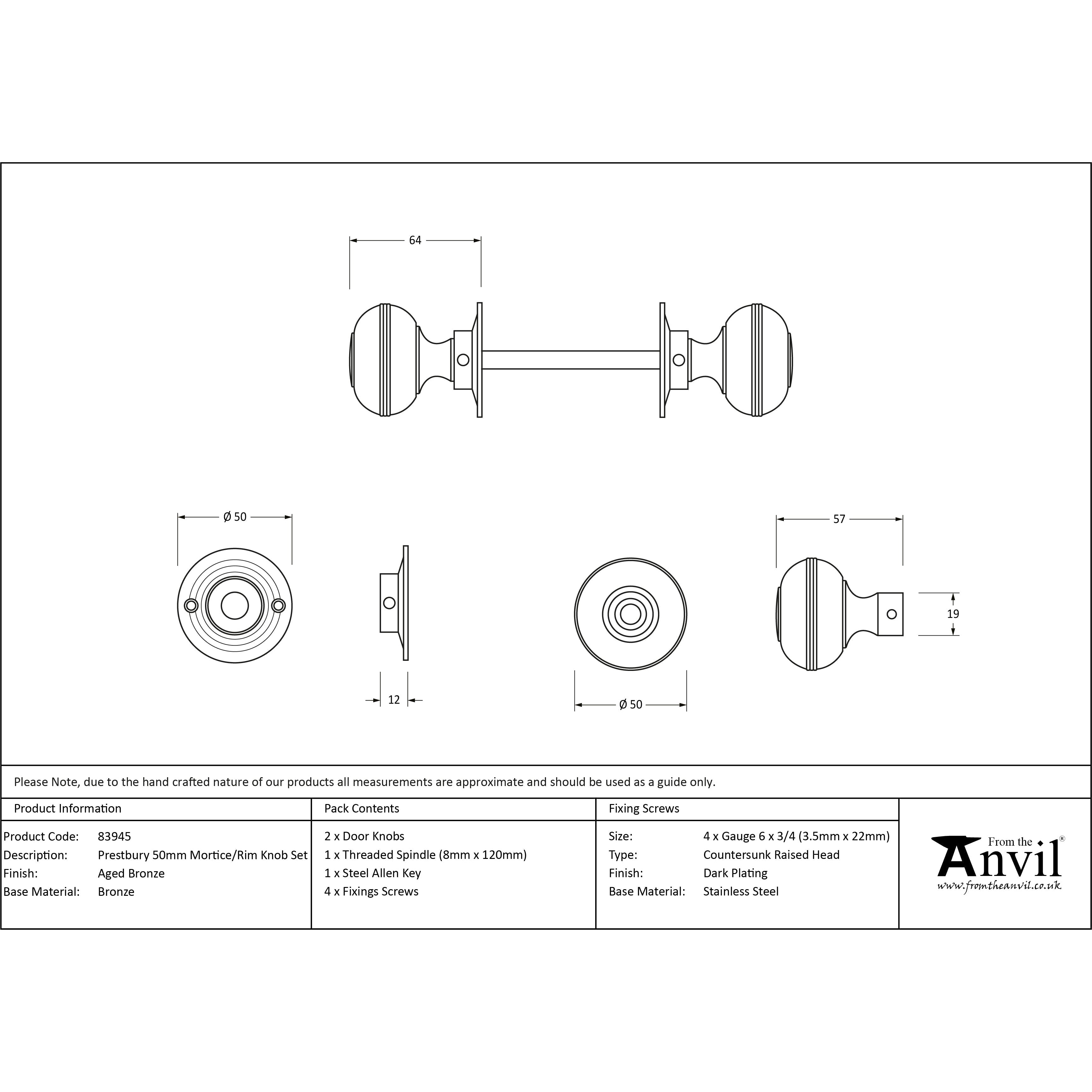 Aged Bronze 50mm Prestbury Mortice/Rim Knob Set | From The Anvil-Mortice Knobs-Yester Home