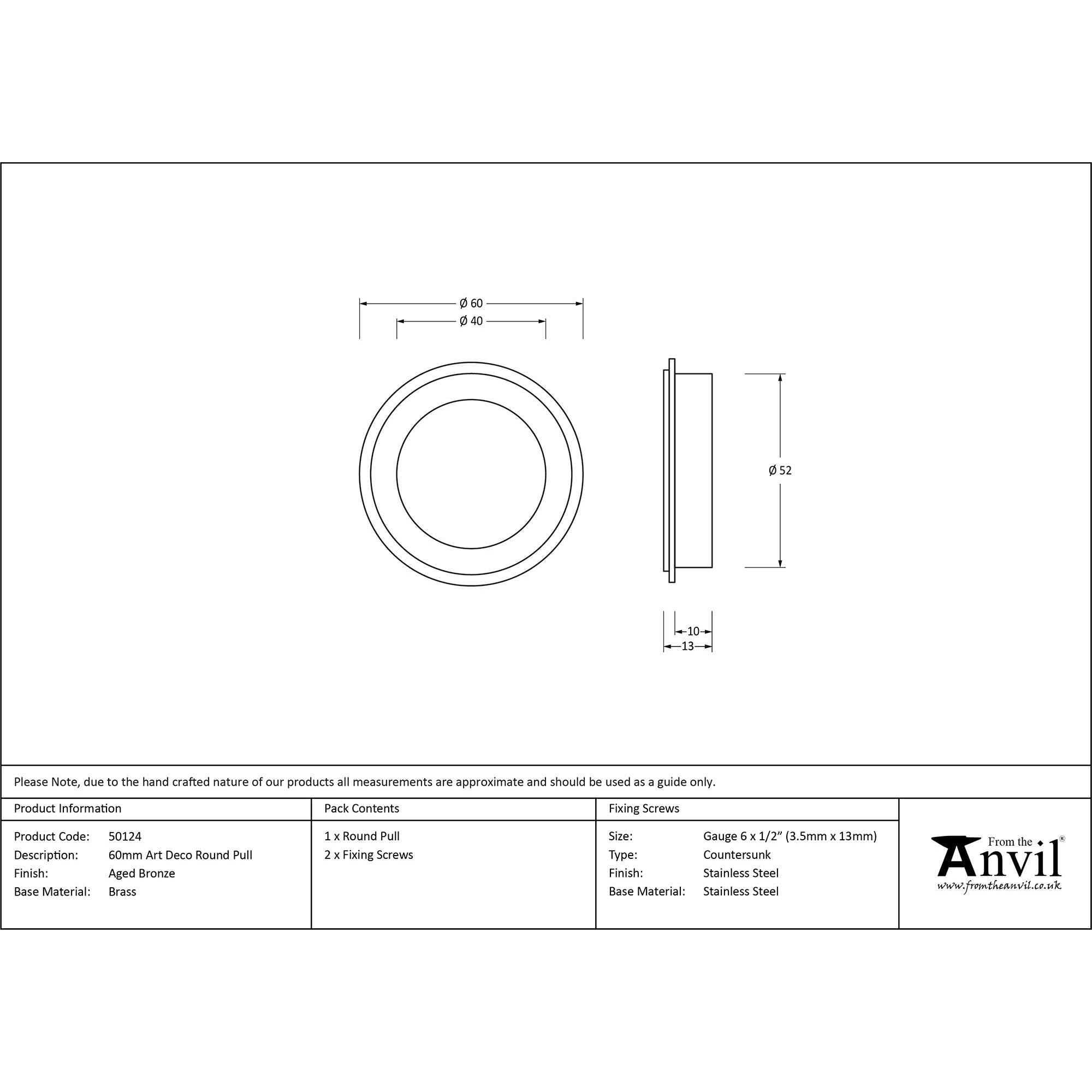 Aged Bronze 60mm Art Deco Round Pull | From The Anvil - Cabinet Pulls - From The Anvil - Yester Home