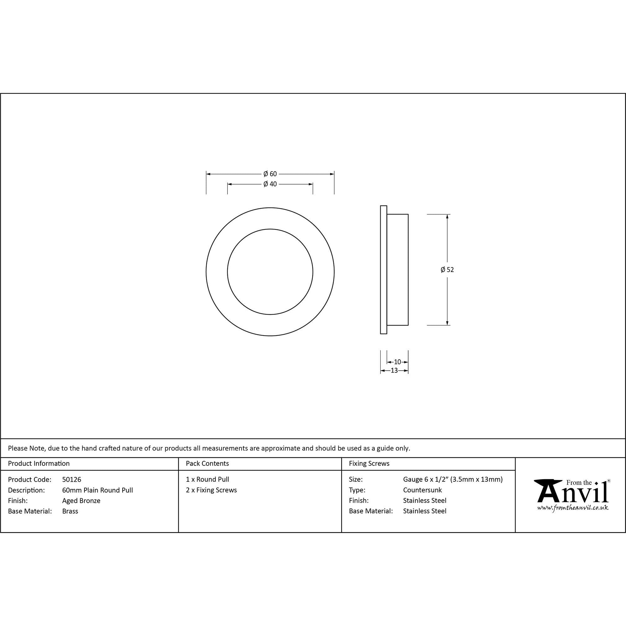 Aged Bronze 60mm Plain Round Pull | From The Anvil - Cabinet Pulls - From The Anvil - Yester Home