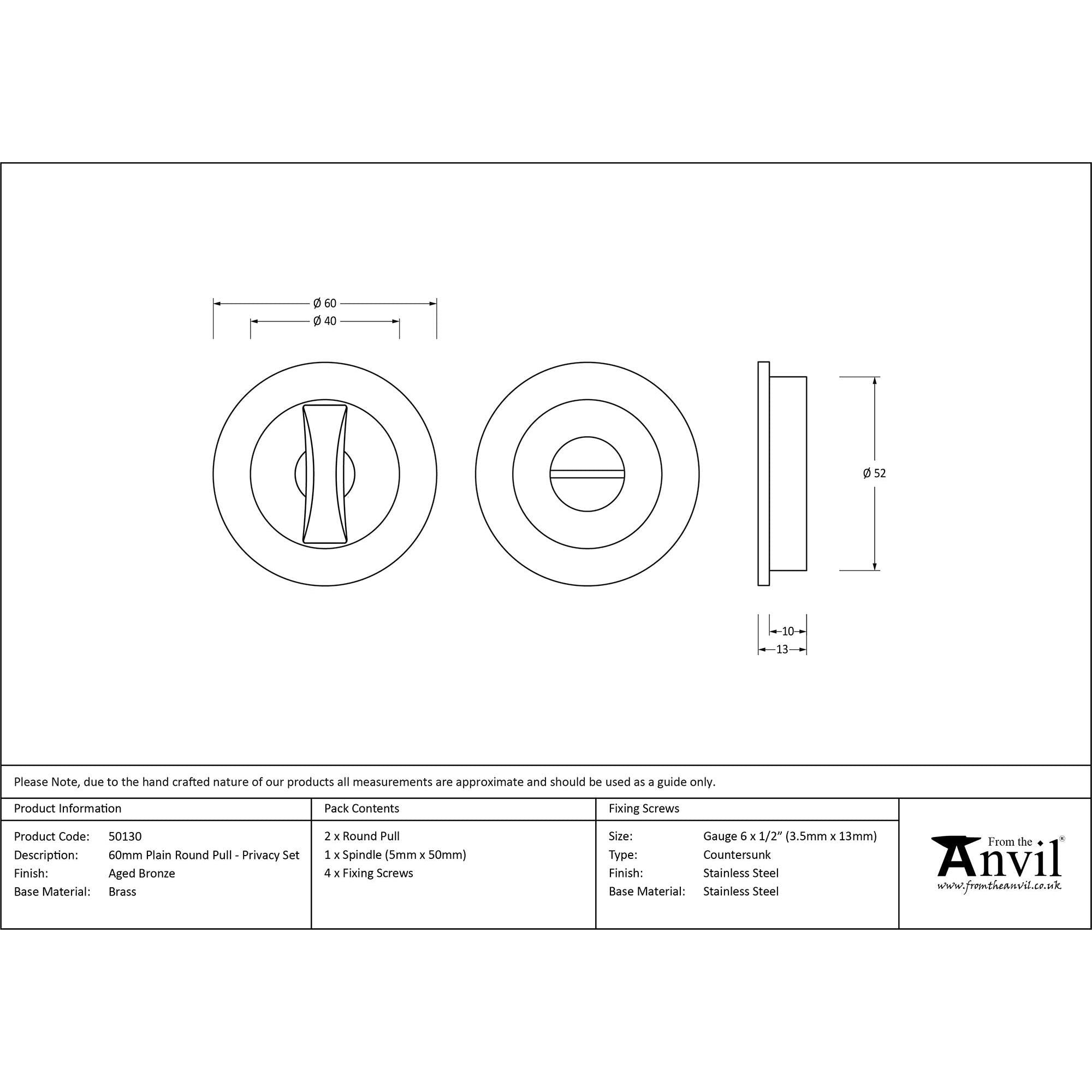 Aged Bronze 60mm Plain Round Pull - Privacy Set | From The Anvil - Cabinet Pulls - From The Anvil - Yester Home
