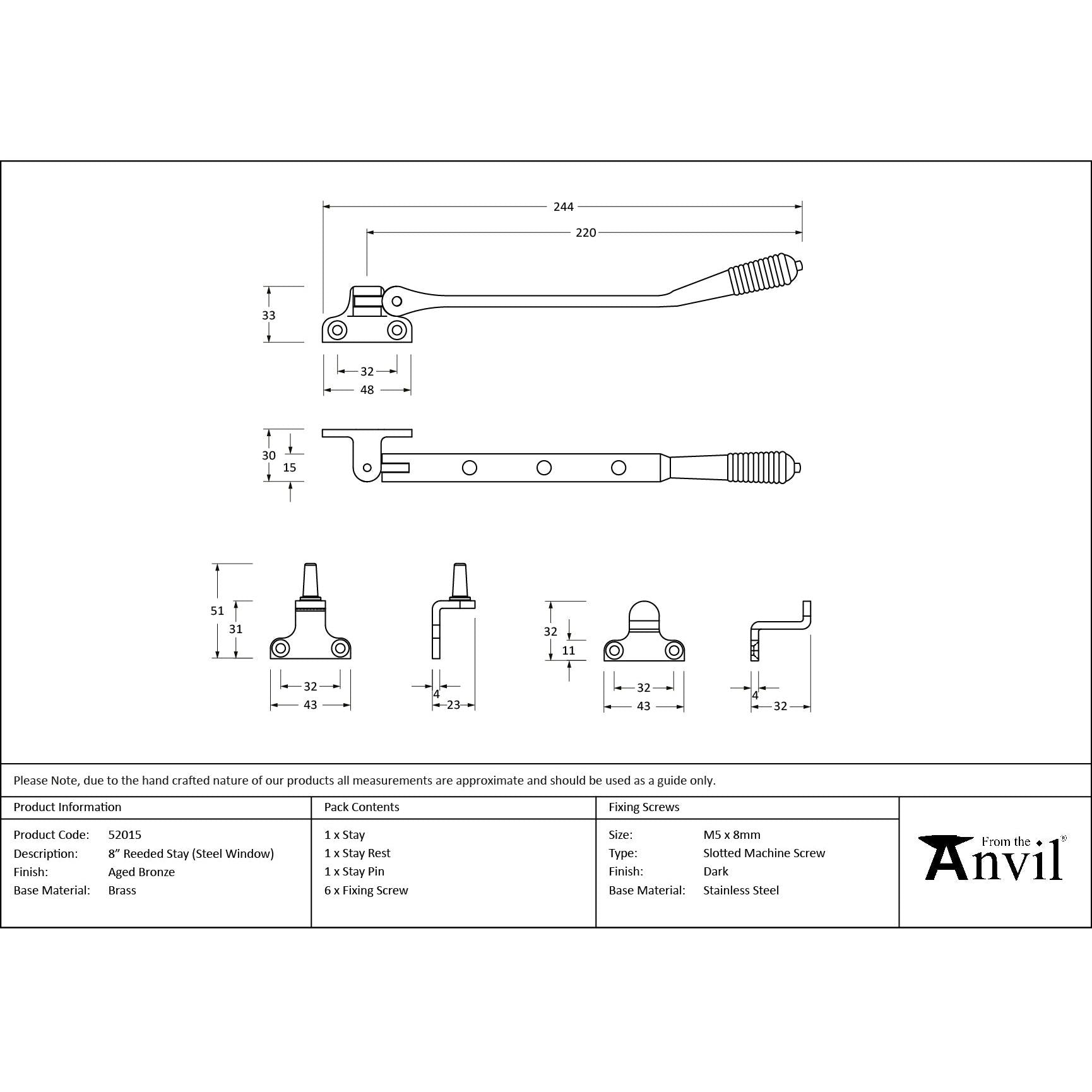 Aged Bronze 8" Reeded Stay (Steel Window) - Stays - From The Anvil - Yester Home