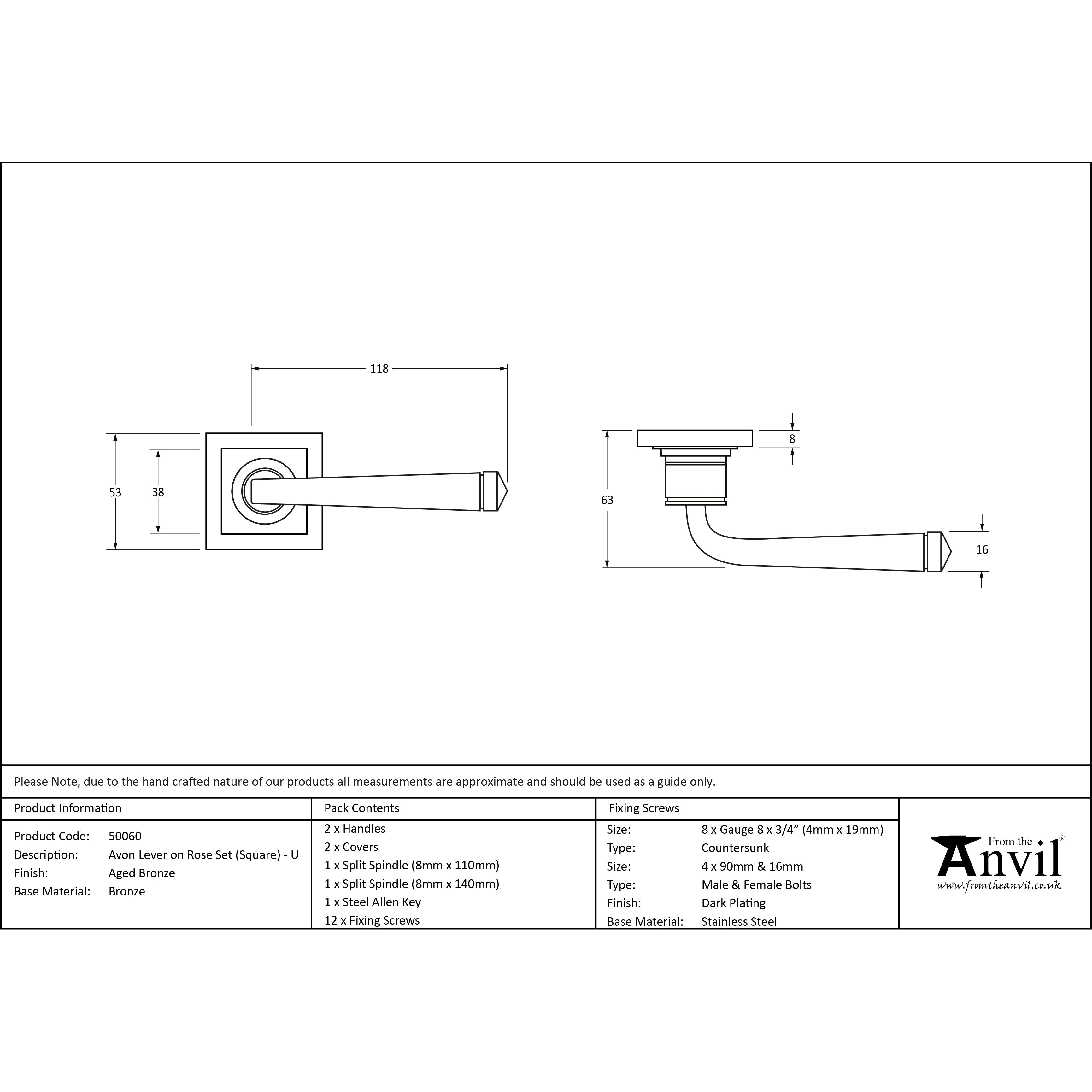 Aged Bronze Avon Round Lever on Rose Set (Square) - Unsprung | From The Anvil-Concealed-Yester Home