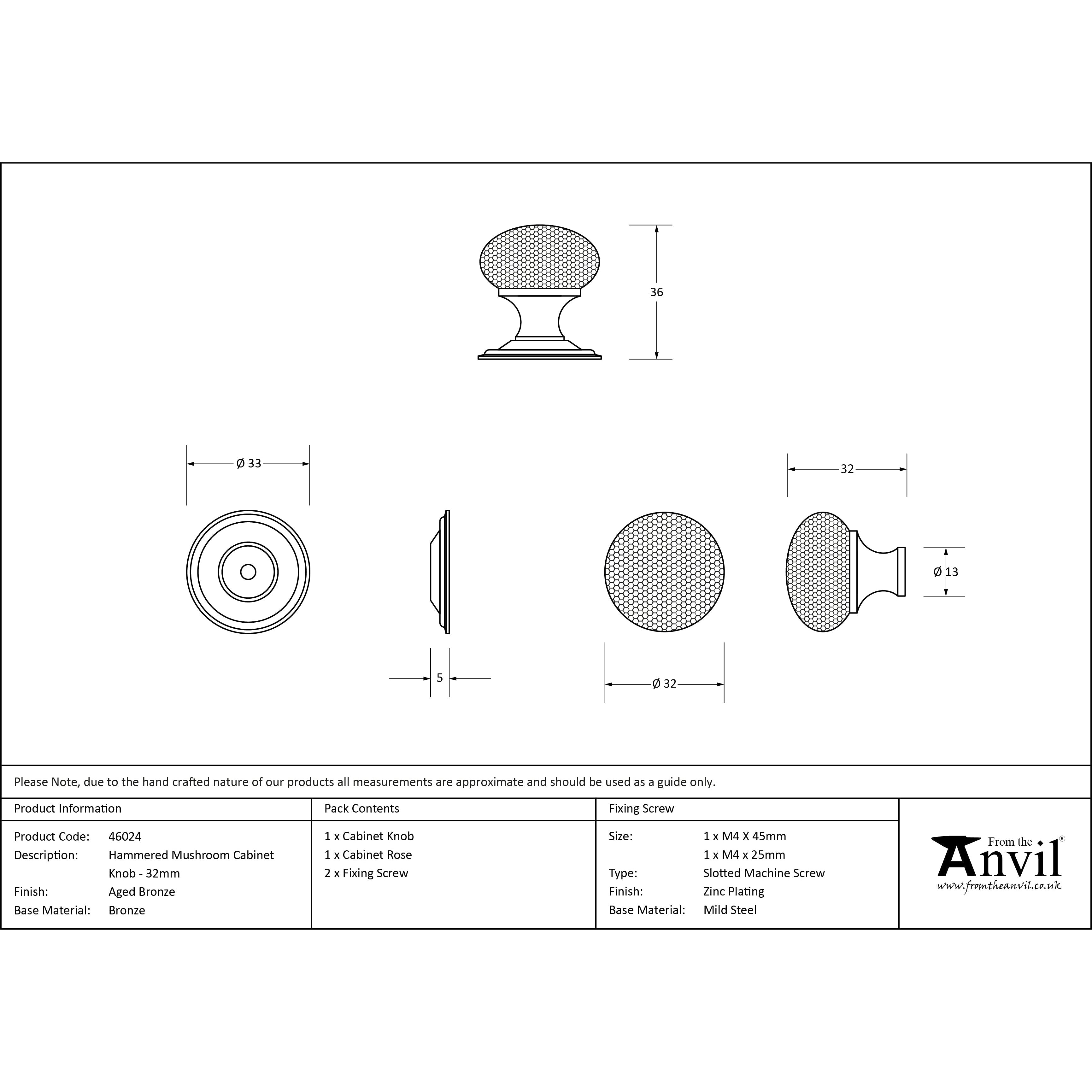 Aged Bronze Hammered Mushroom Cabinet Knob 32mm | From The Anvil-Cabinet Knobs-Yester Home