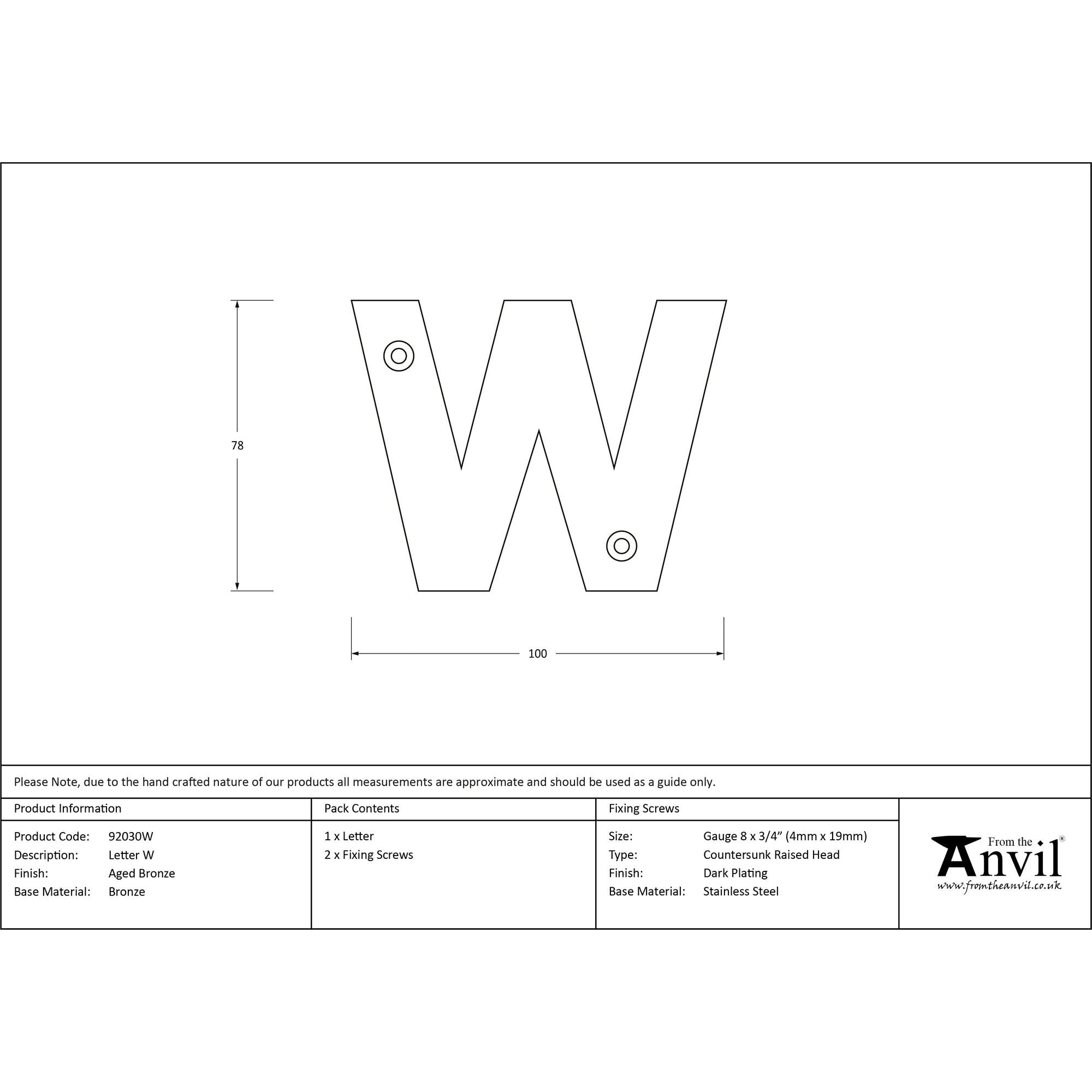 Aged Bronze Letter W | From The Anvil - Letters - From The Anvil - Yester Home