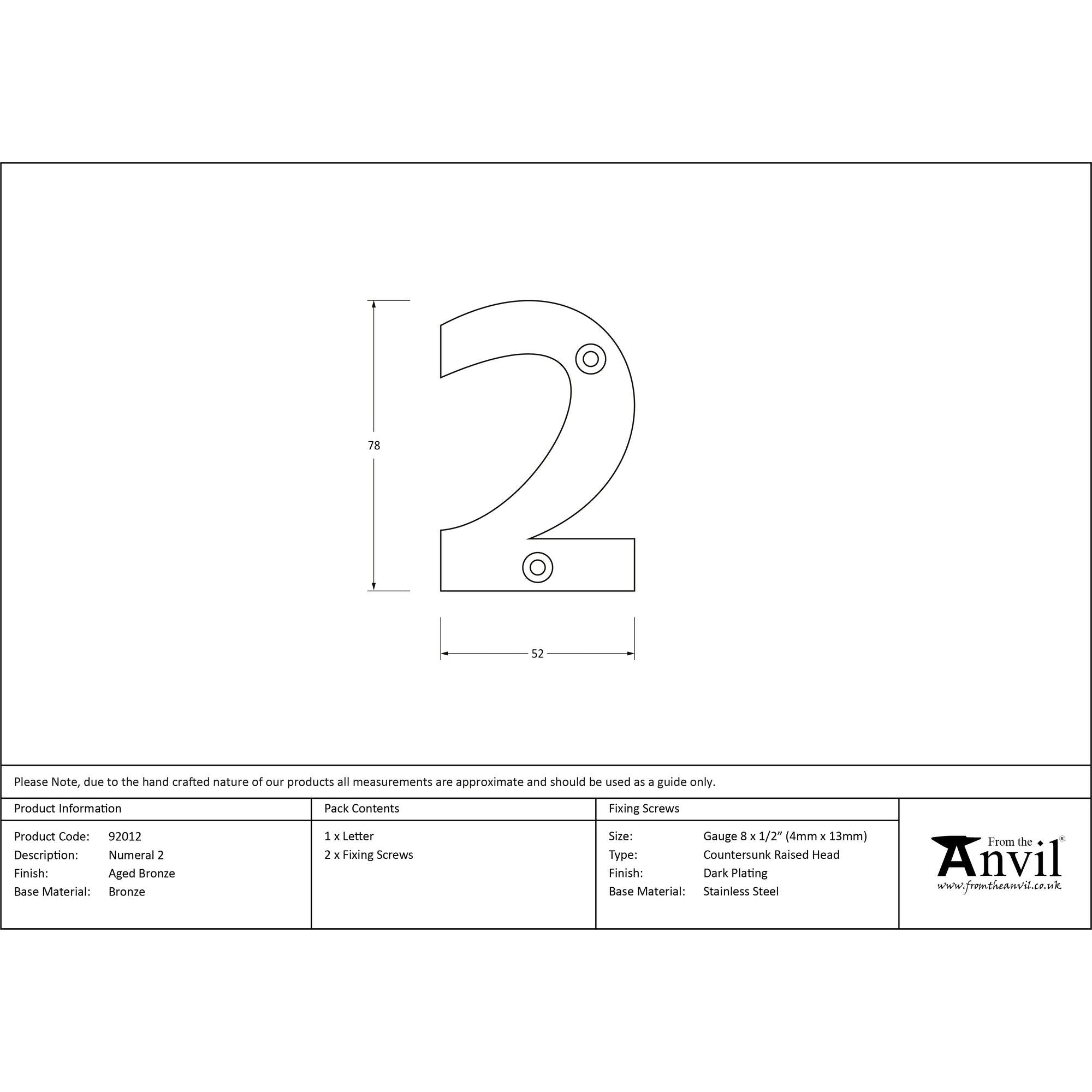 Aged Bronze Numeral 2 | From The Anvil - Numerals - From The Anvil - Yester Home
