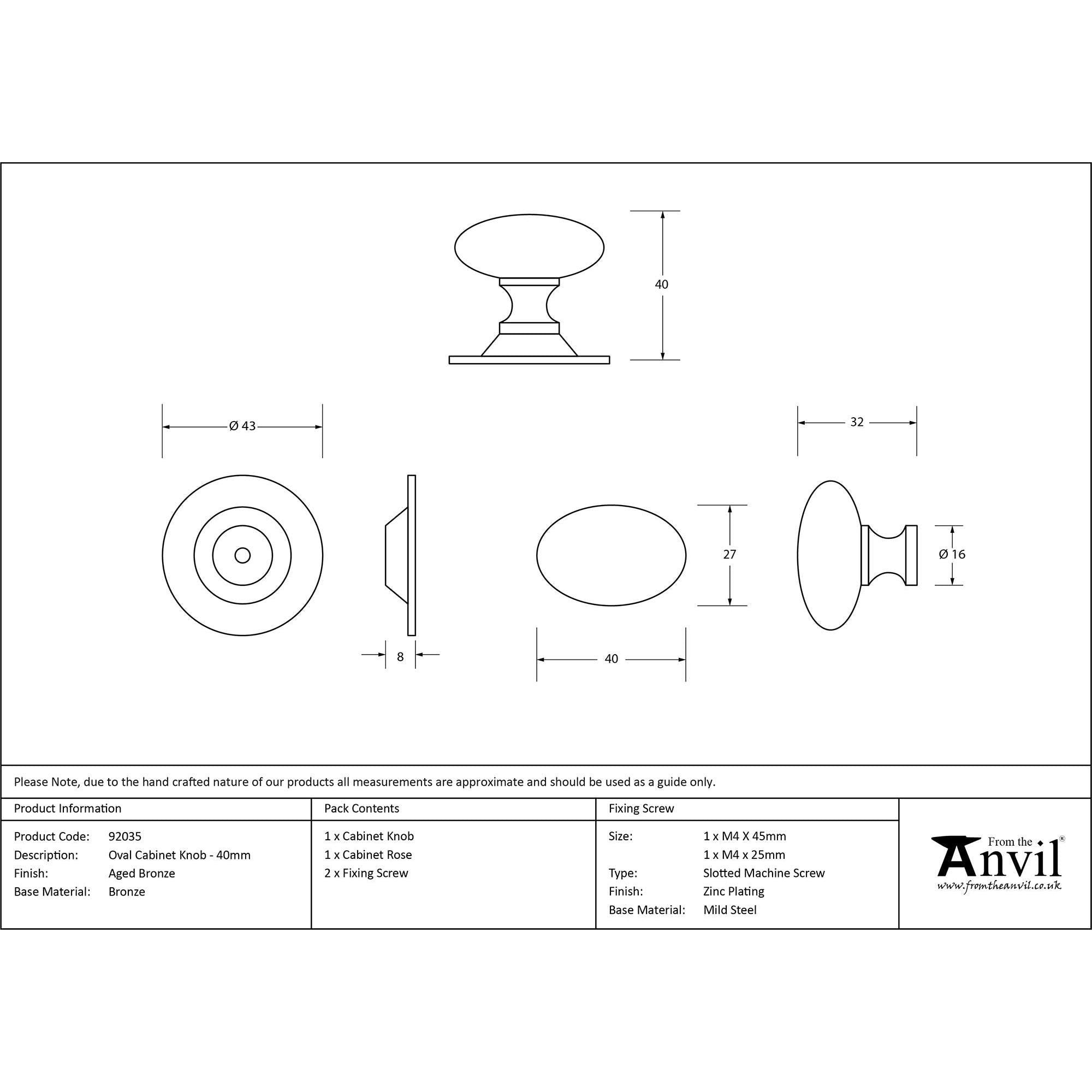 Aged Bronze Oval Cabinet Knob 40mm | From The Anvil - Cabinet Knobs - From The Anvil - Yester Home