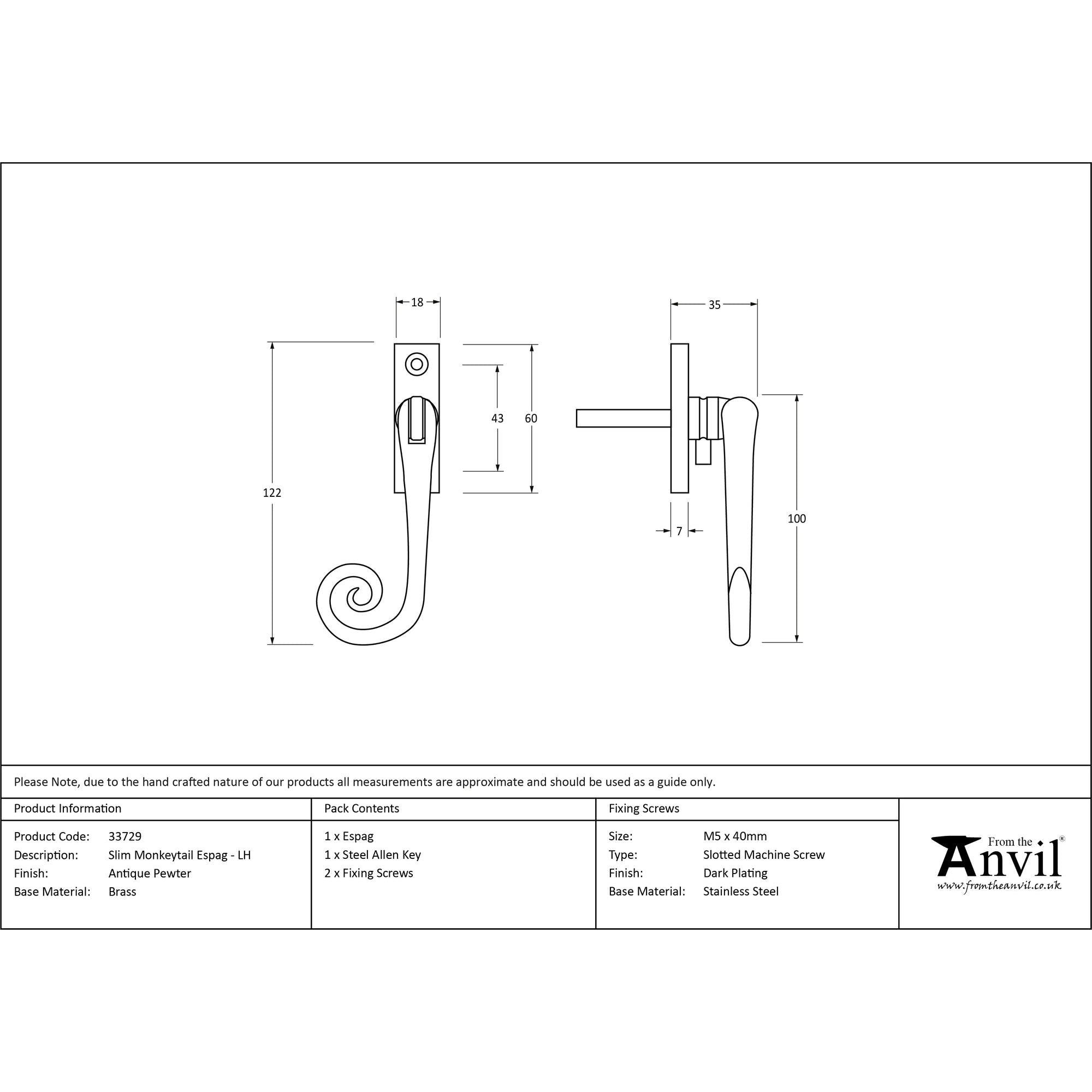 Antique Pewter Slim Monkeytail Espag - LH | From The Anvil - Espag. Fasteners - From The Anvil - Yester Home