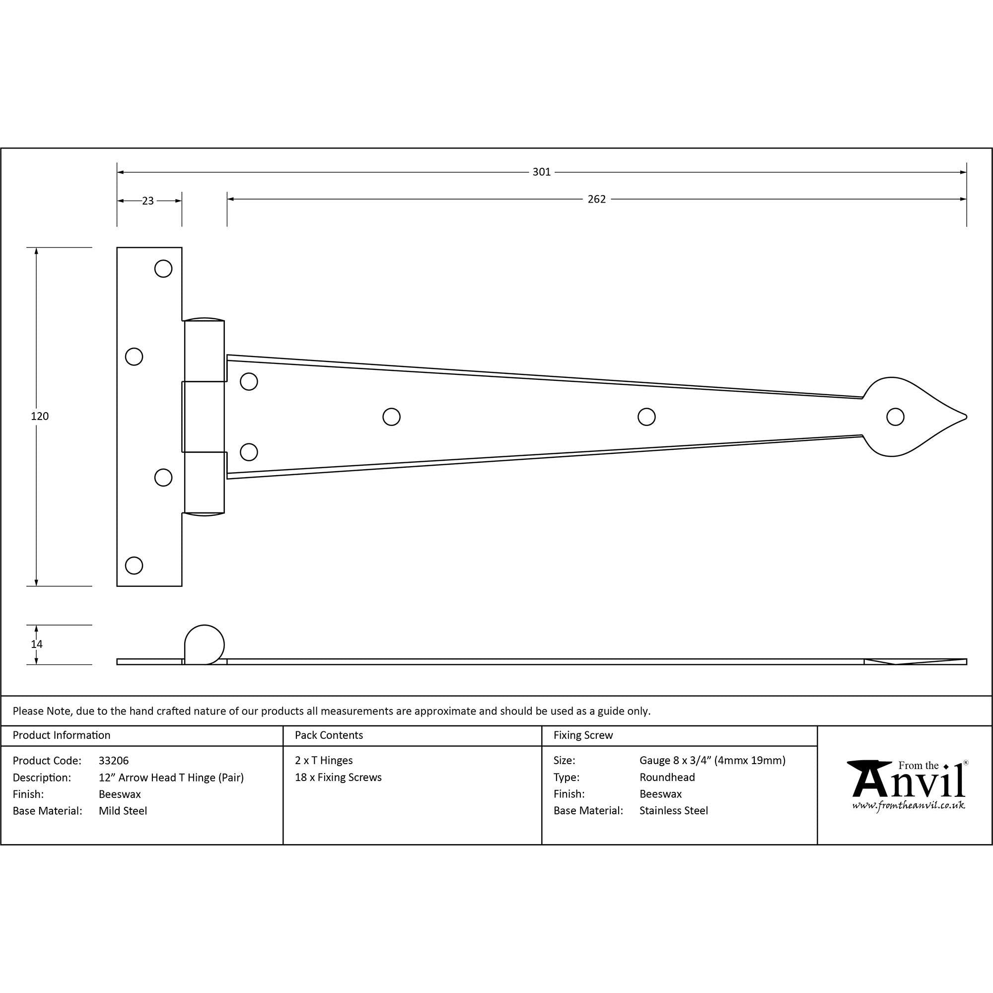 Beeswax 12" Arrow Head T Hinge (pair) | From The Anvil - T Hinges - From The Anvil - Yester Home