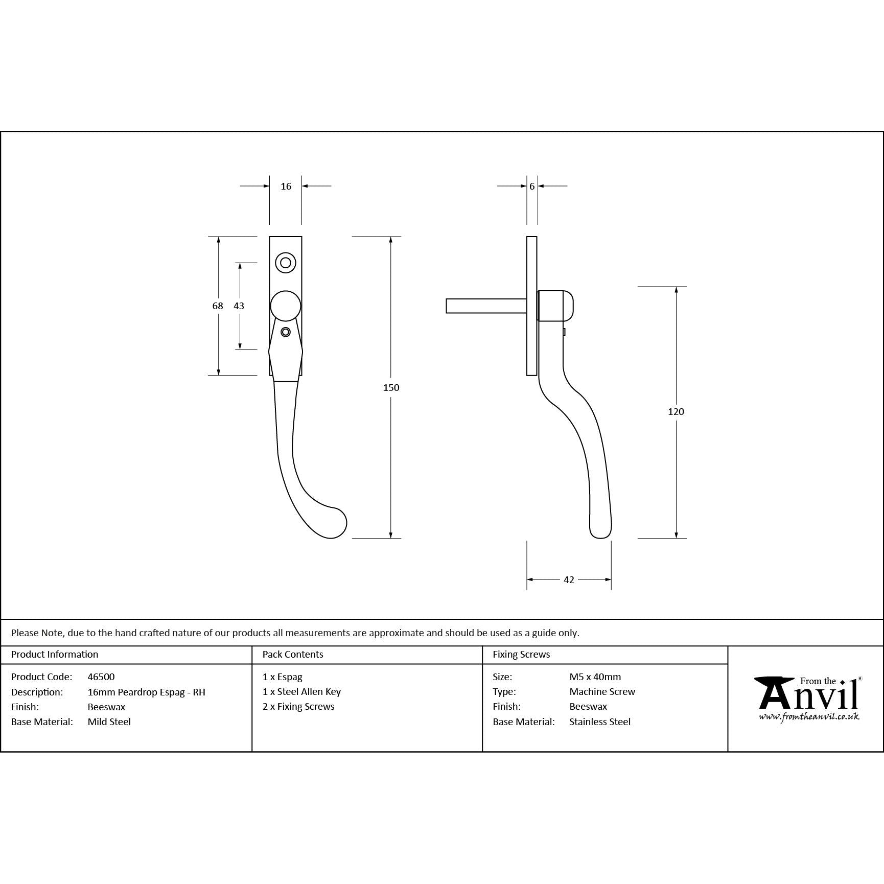 Beeswax 16mm Peardrop Espag - RH | From The Anvil - Espag. Fasteners - From The Anvil - Yester Home