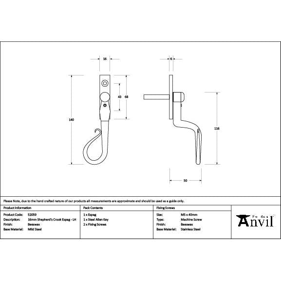 Beeswax 16mm Shepherd's Crook Espag - LH - Espag. Fasteners - From The Anvil - Yester Home