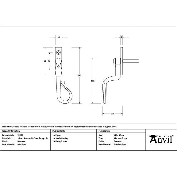 Beeswax 16mm Shepherd's Crook Espag - RH - Espag. Fasteners - From The Anvil - Yester Home