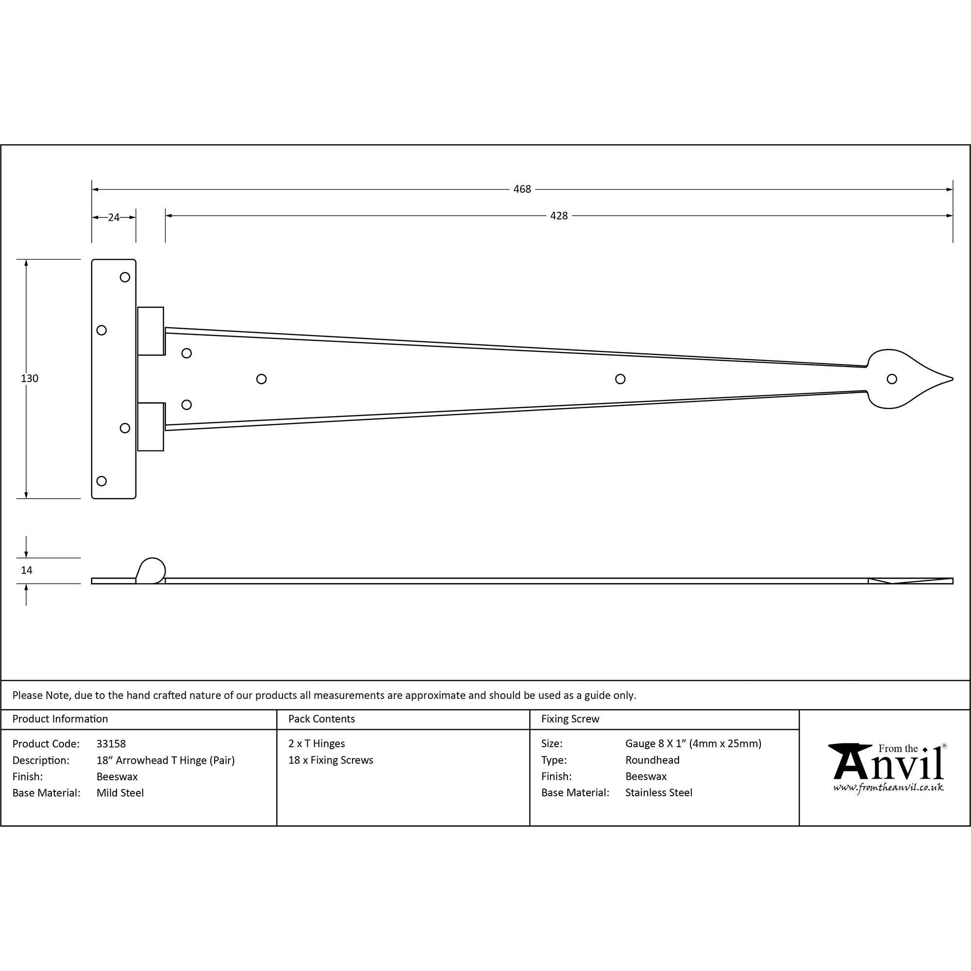 Beeswax 18" Arrow Head T Hinge (pair) | From The Anvil - T Hinges - From The Anvil - Yester Home
