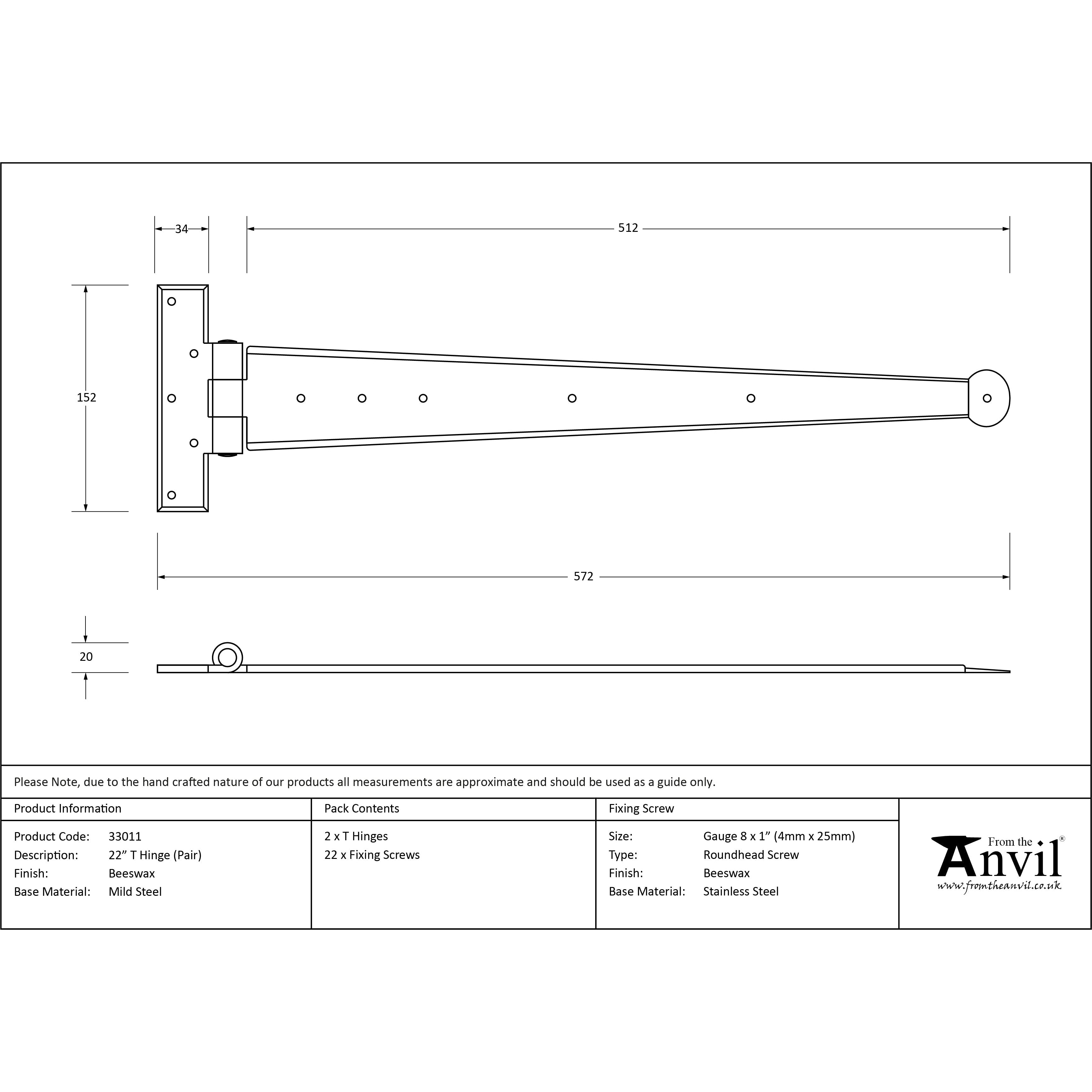 Beeswax 22" Penny End T Hinge (pair) | From The Anvil-T Hinges-Yester Home