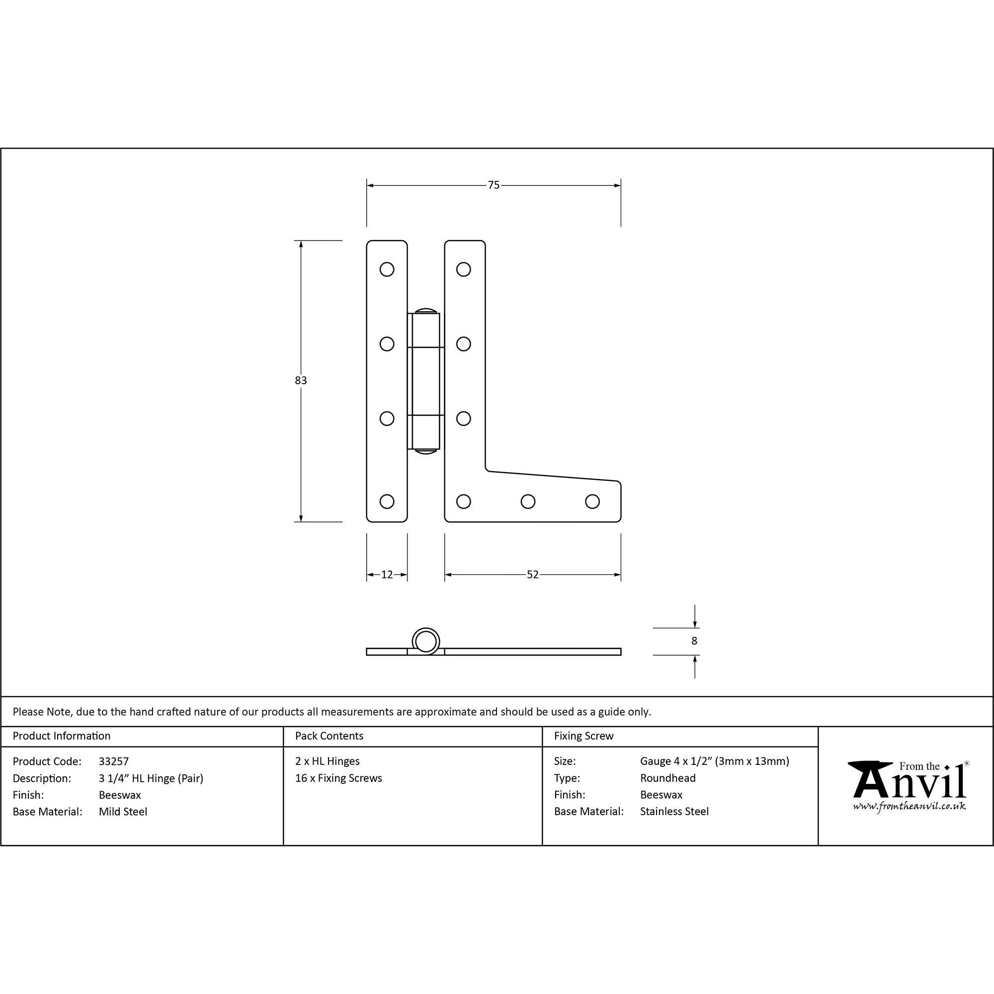 Beeswax 3¼" HL Hinge (pair) | From The Anvil - H & HL Hinges - From The Anvil - Yester Home