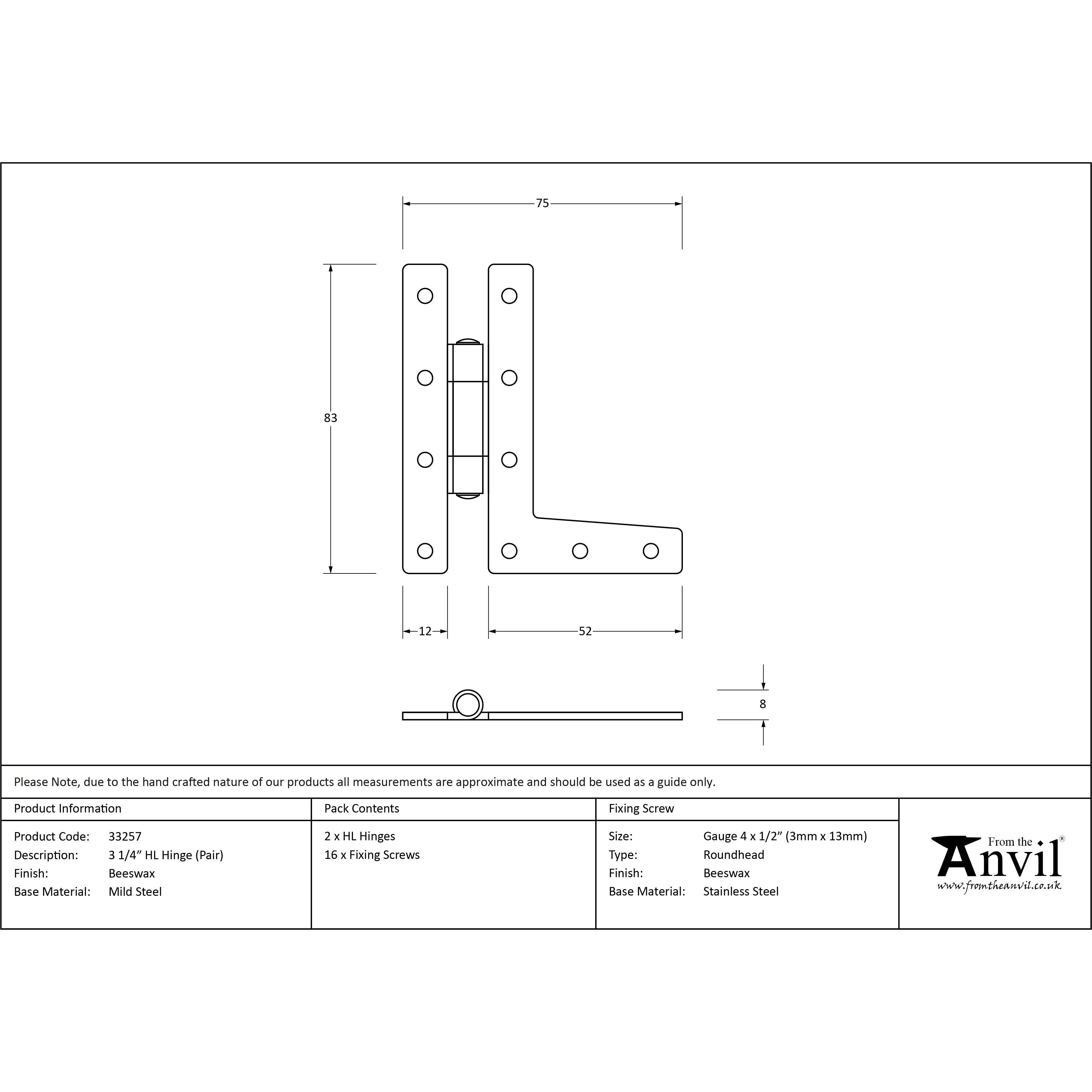 Beeswax 3¼" HL Hinge (pair) | From The Anvil-H & HL Hinges-Yester Home