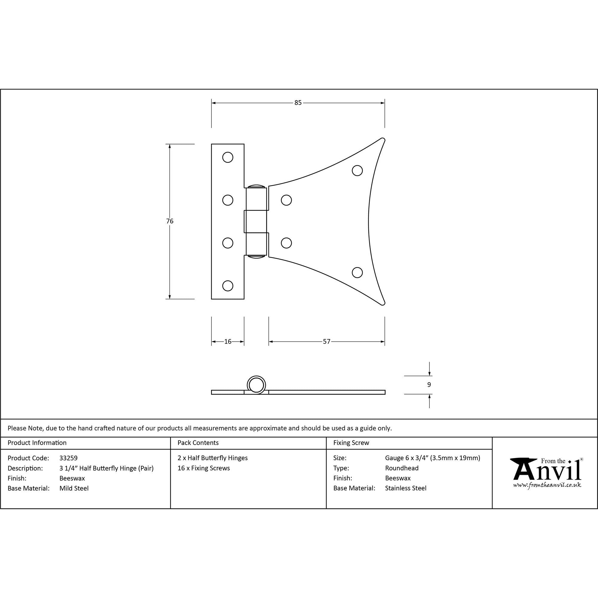 Beeswax 3¼" Half Butterfly Hinge (pair) | From The Anvil - Butterfly Hinges - From The Anvil - Yester Home