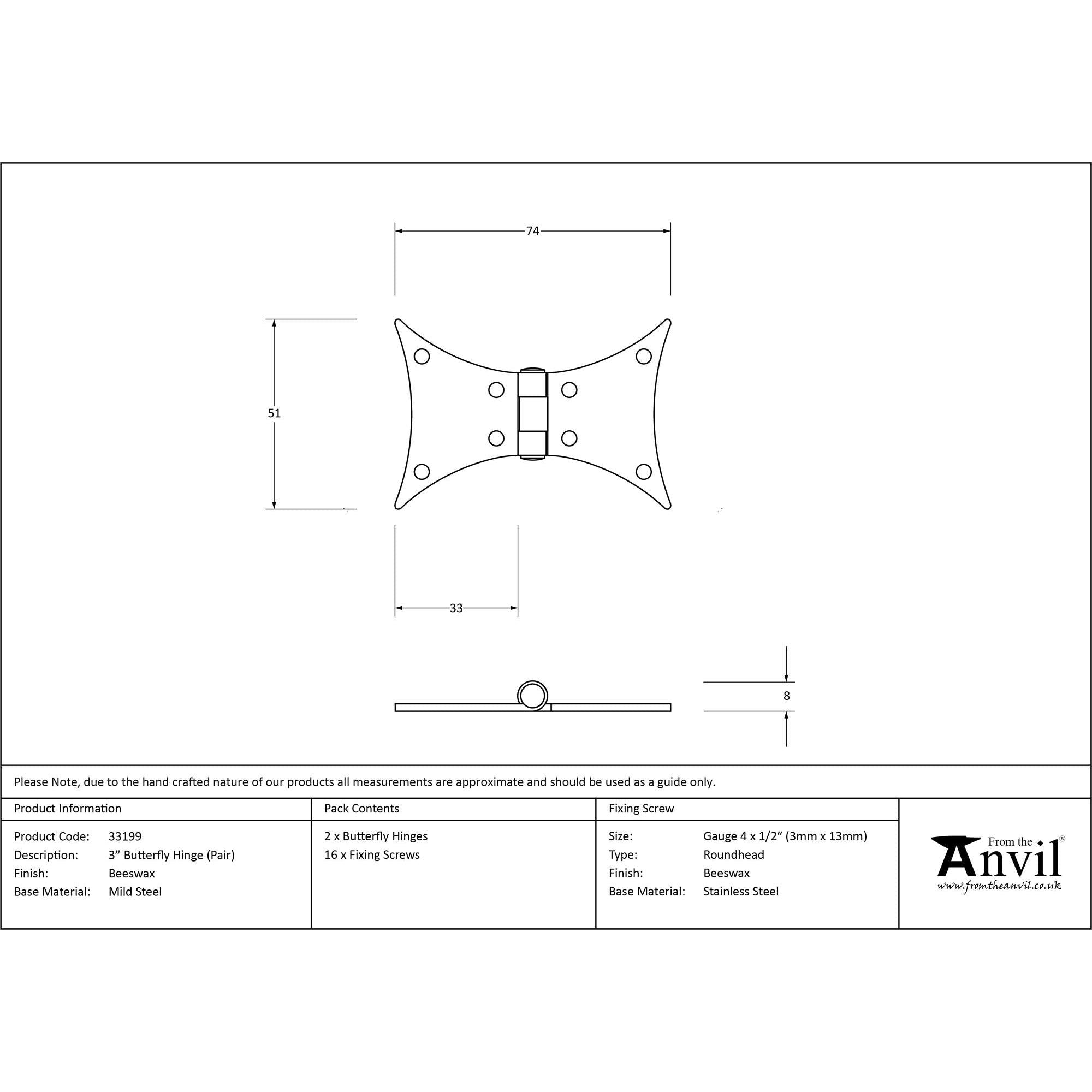 Beeswax 3" Butterfly Hinge (pair) | From The Anvil - Butterfly Hinges - From The Anvil - Yester Home