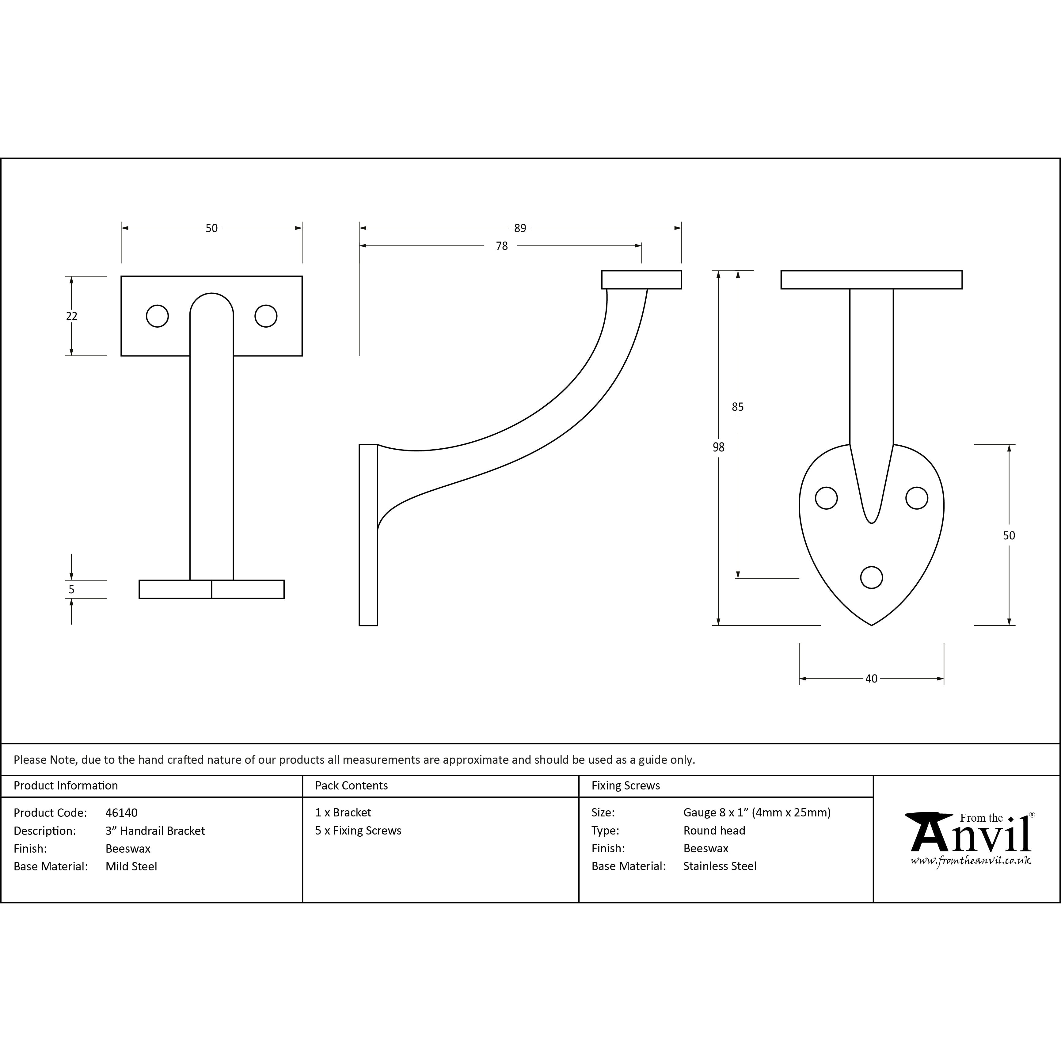 Beeswax 3" Handrail Bracket | From The Anvil-Handrail Brackets-Yester Home