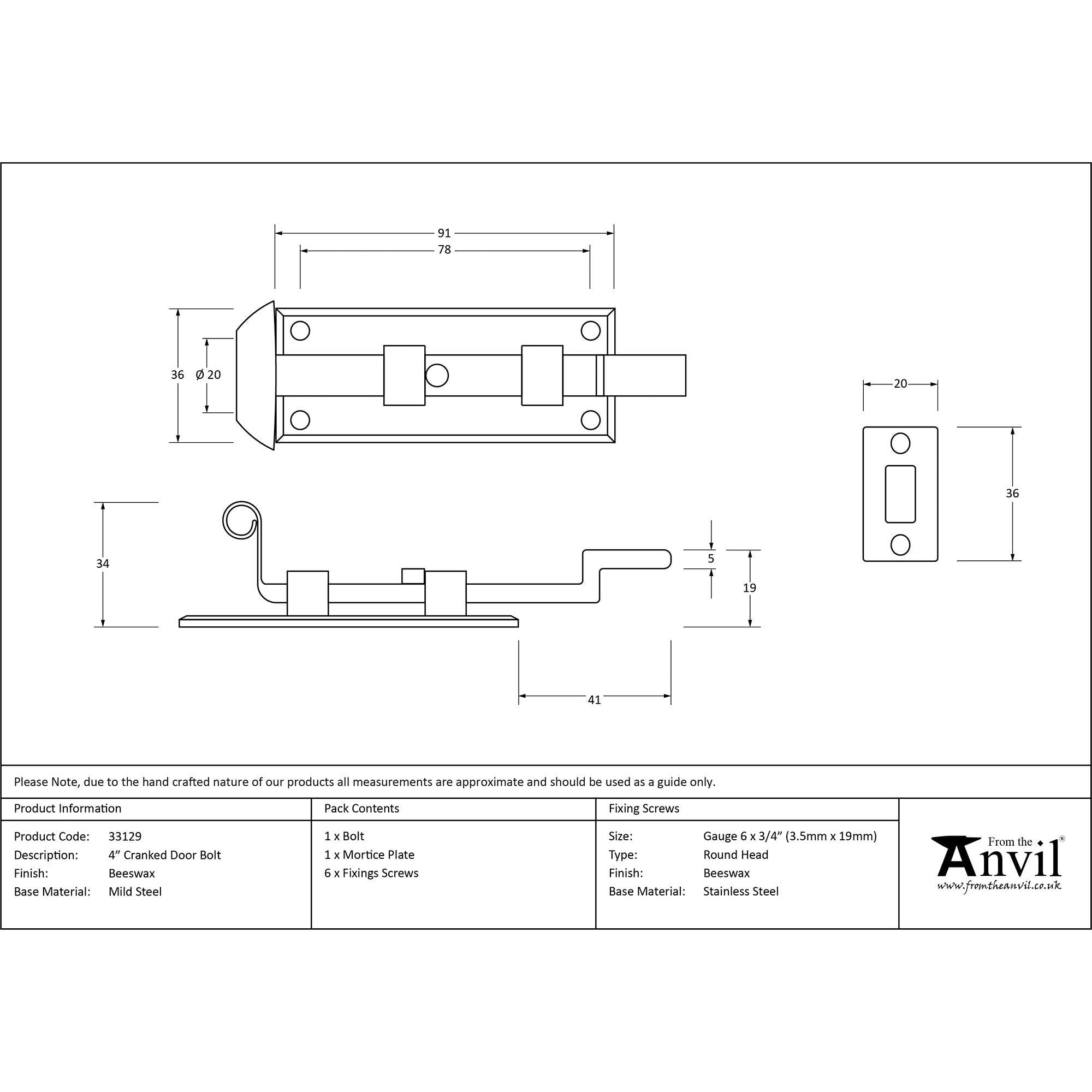 Beeswax 4" Cranked Door Bolt | From The Anvil - Bolts - From The Anvil - Yester Home