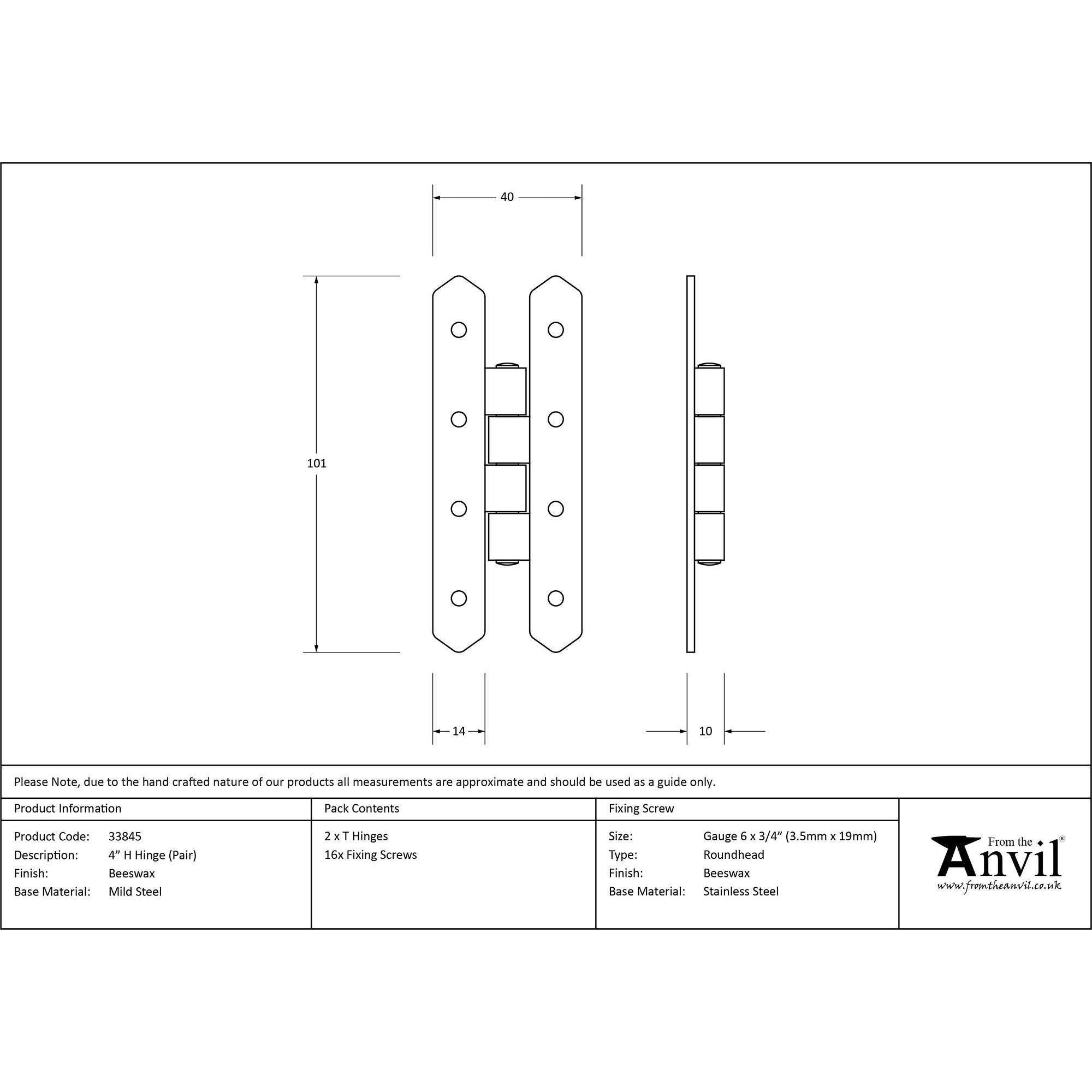 Beeswax 4" H Hinge (pair) | From The Anvil - H & HL Hinges - From The Anvil - Yester Home