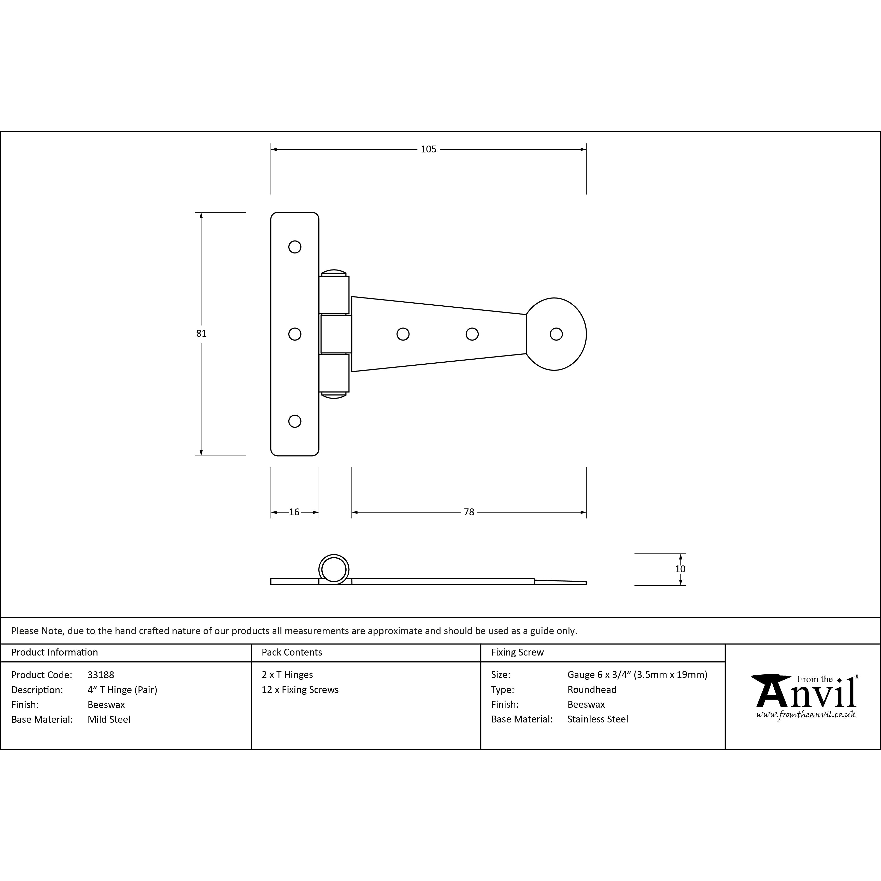 Beeswax 4" Penny End T Hinge (pair) | From The Anvil-T Hinges-Yester Home